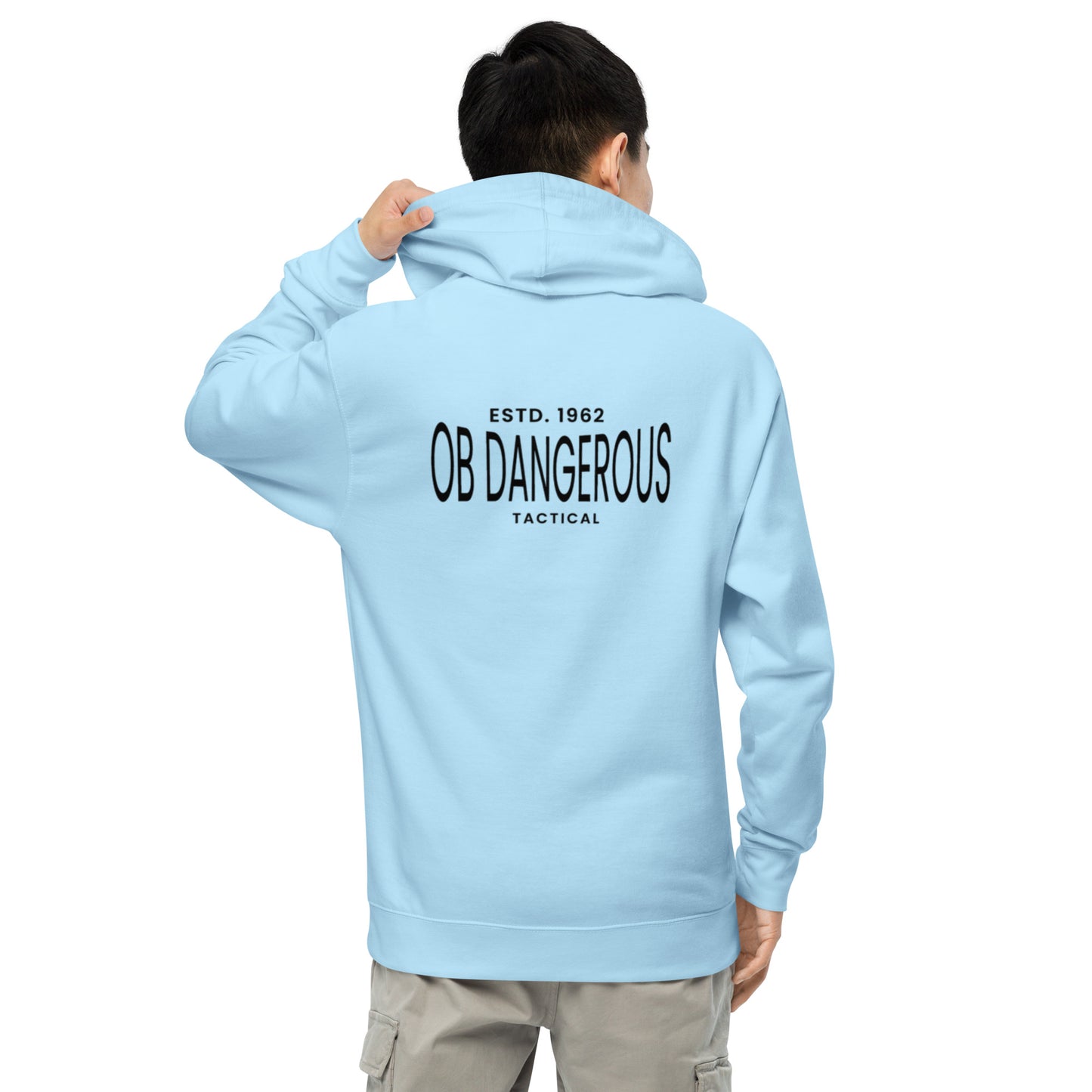 Blue aqua unisex OBDangerous tactical midweight hoodie with back design, suitable for gym, street, and casual wear.
