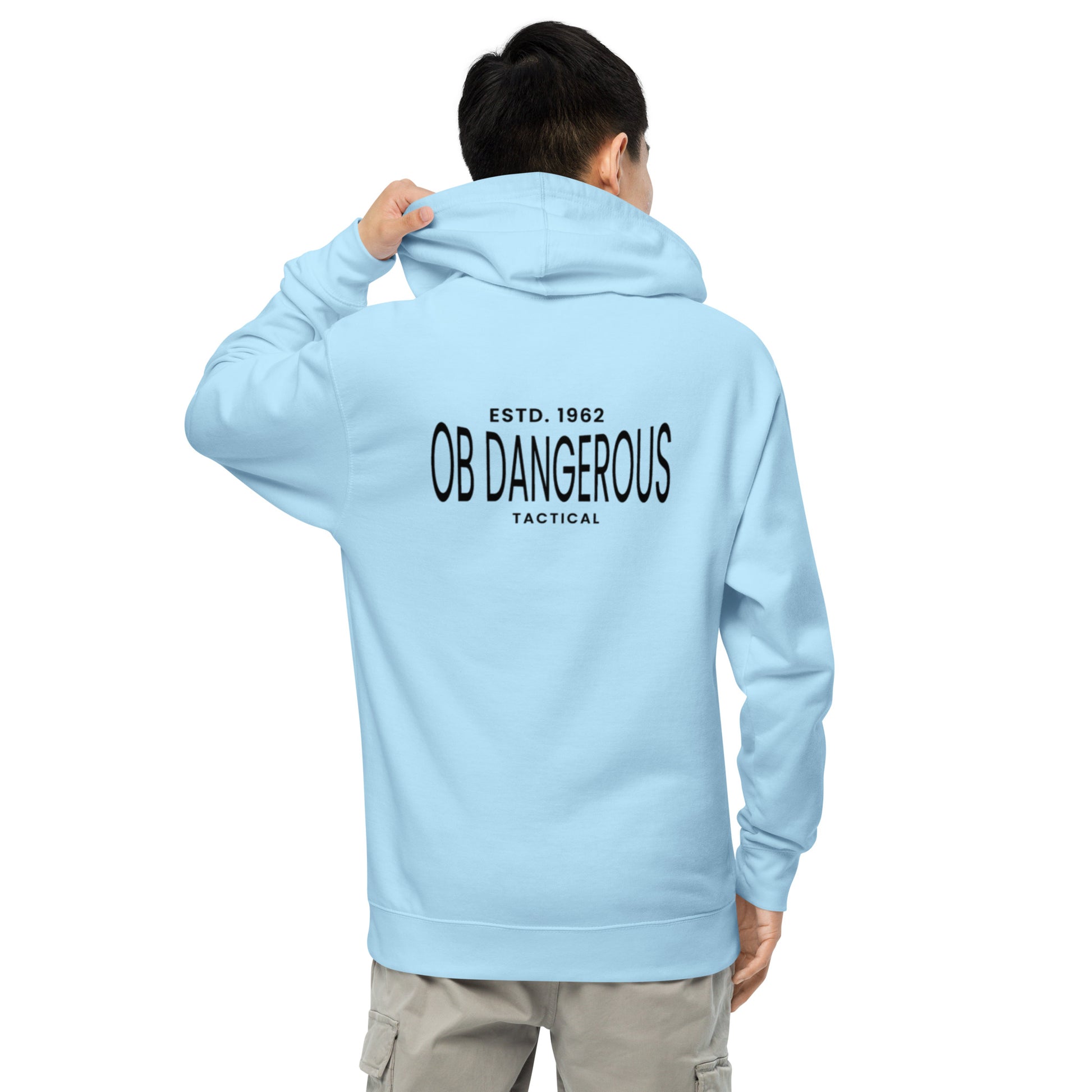 Blue aqua unisex OBDangerous tactical midweight hoodie with back design, suitable for gym, street, and casual wear.