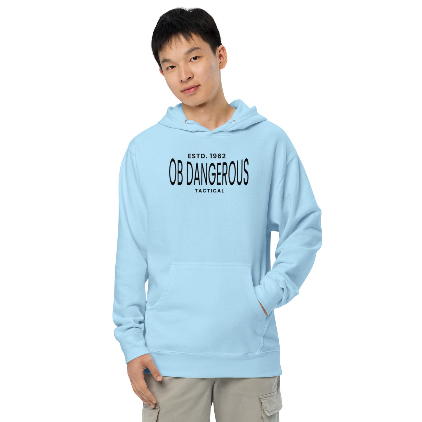 Blue aqua OBDangerous unisex midweight hoodie featuring a front design, ideal for gym, street, and casual wear.