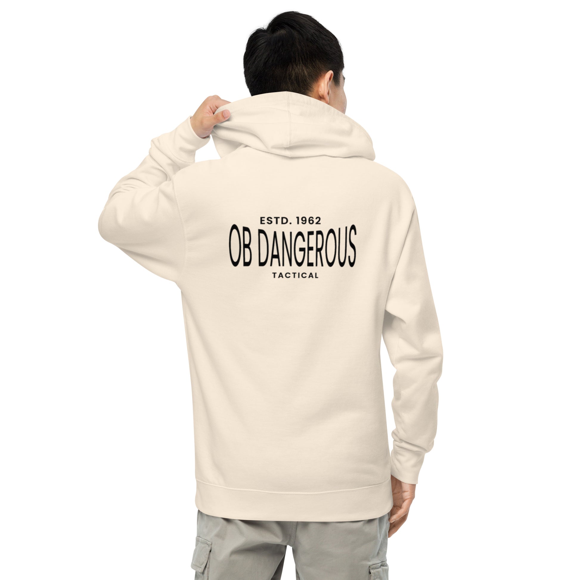 Unisex bone-colored midweight hoodie by OB DANGEROUS with back graphic, designed for gym, street, and casual wear.