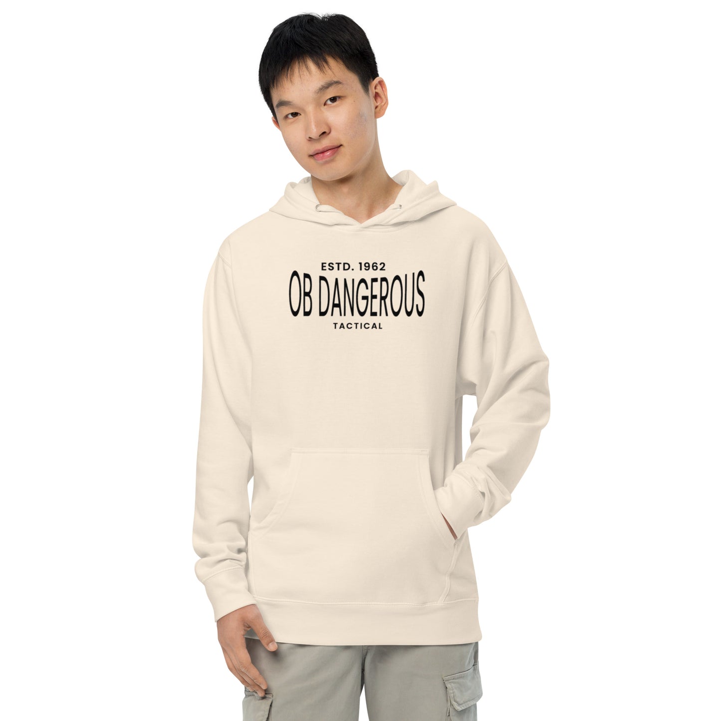Unisex bone-colored tactical midweight hoodie from OB DANGEROUS, featuring a front design, ideal for gym and streetwear.