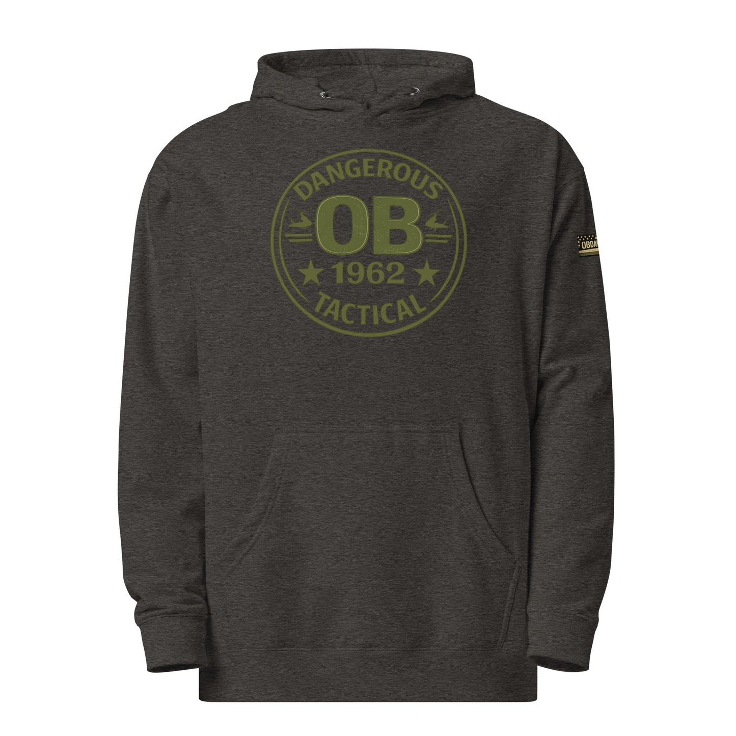 Charcoal Heather unisex midweight hoodie by OB DANGEROUS, featuring a casual fit and stylish design for gym, street, and everyday wear.