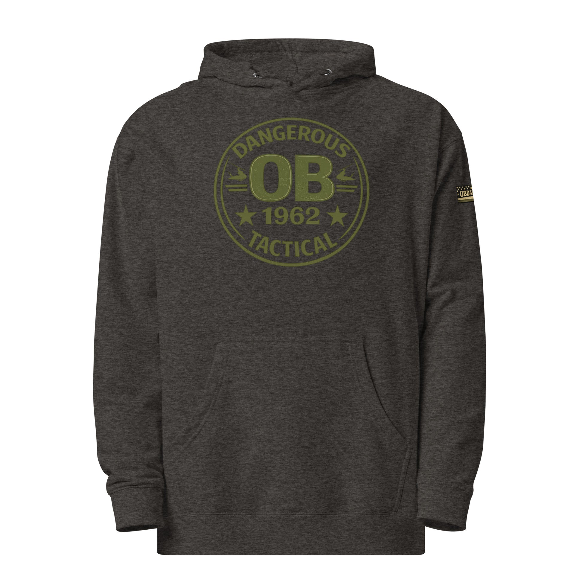 Charcoal Heather unisex midweight hoodie by OB DANGEROUS, featuring a casual fit and stylish design for gym, street, and everyday wear.