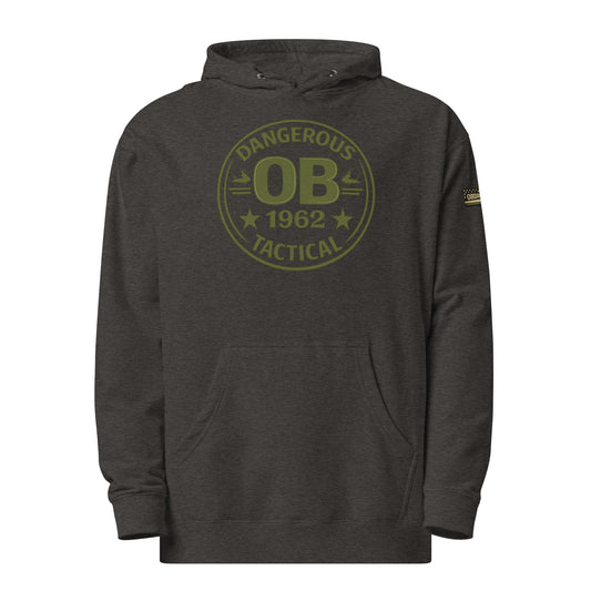 Charcoal Heather unisex midweight hoodie by OB DANGEROUS, featuring a casual fit and stylish design for gym, street, and everyday wear.