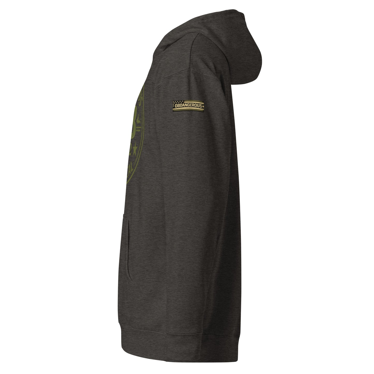 Charcoal Heather unisex midweight hoodie by OB DANGEROUS, featuring a relaxed fit and casual streetwear style.