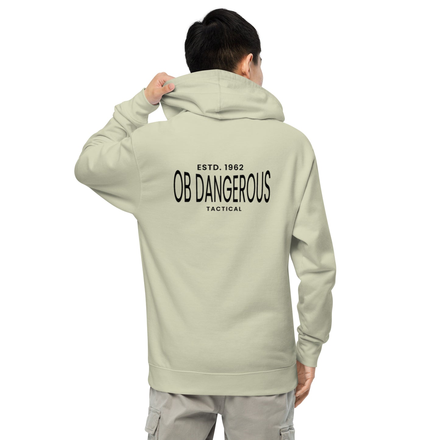 OB DANGEROUS unisex midweight hoodie in dusty sage, featuring a relaxed fit and casual style ideal for gym, street, and everyday wear.