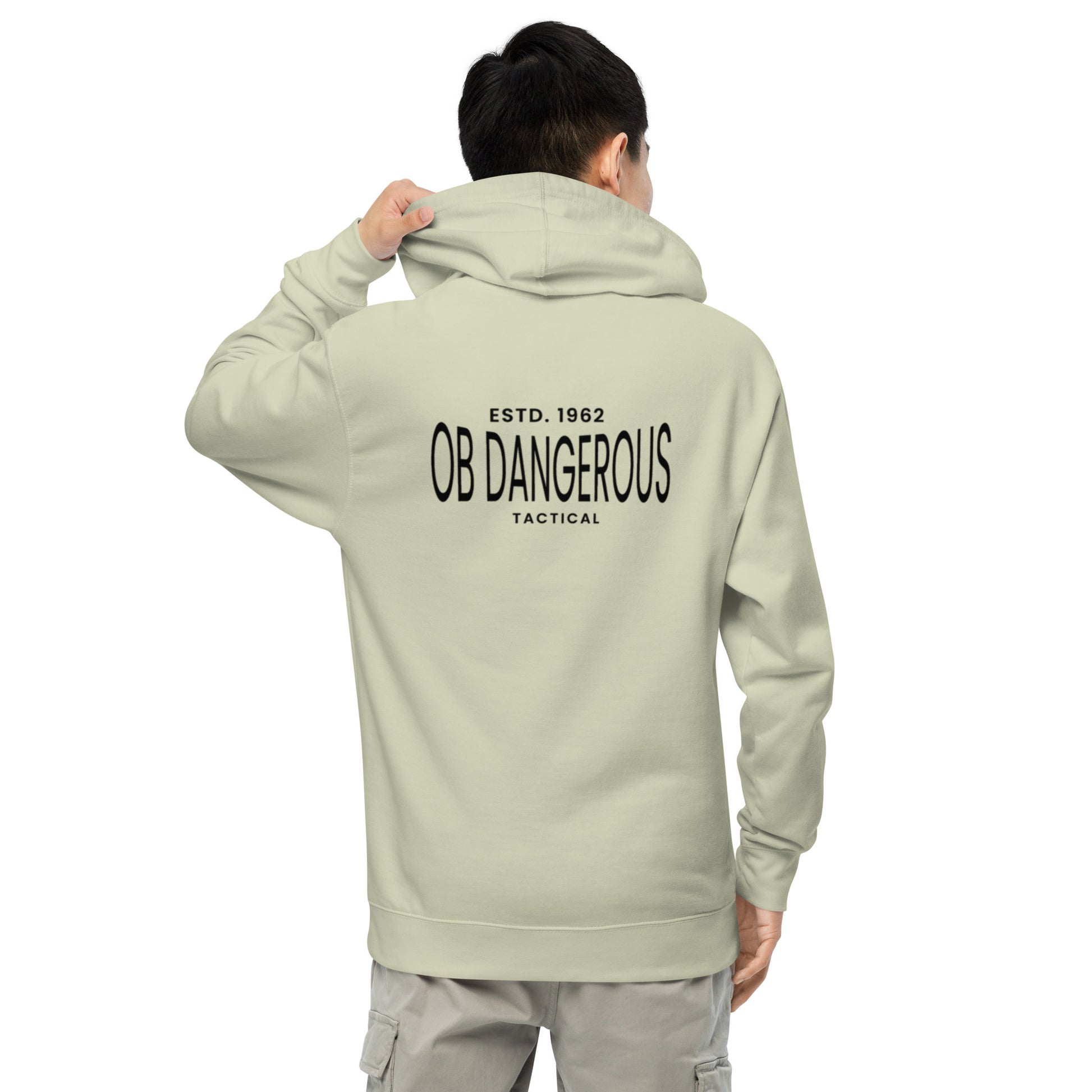 OB DANGEROUS unisex midweight hoodie in dusty sage, featuring a relaxed fit and casual style ideal for gym, street, and everyday wear.