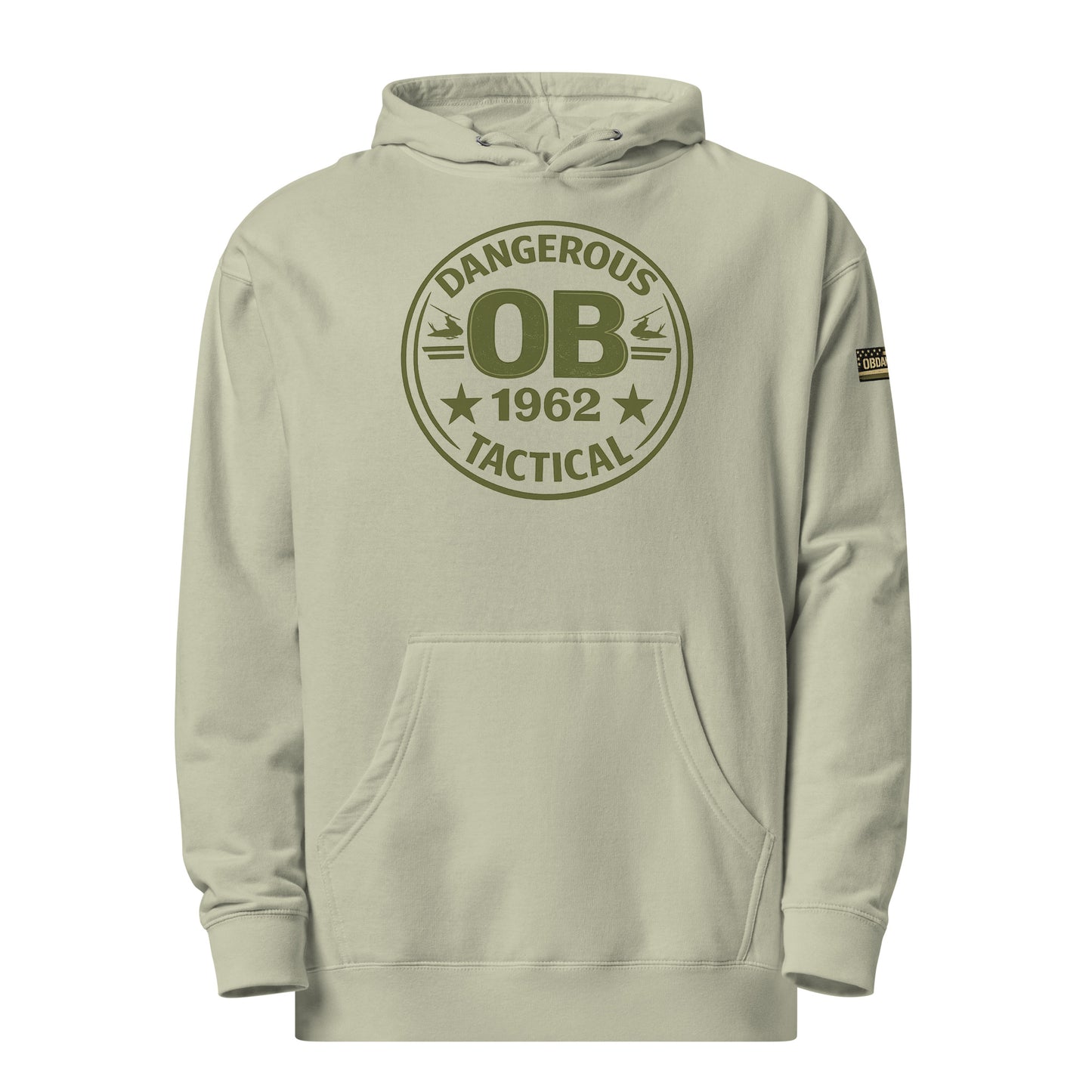 Unisex dusty sage midweight hoodie by OB DANGEROUS, featuring front design, ideal for gym, street, and casual wear.