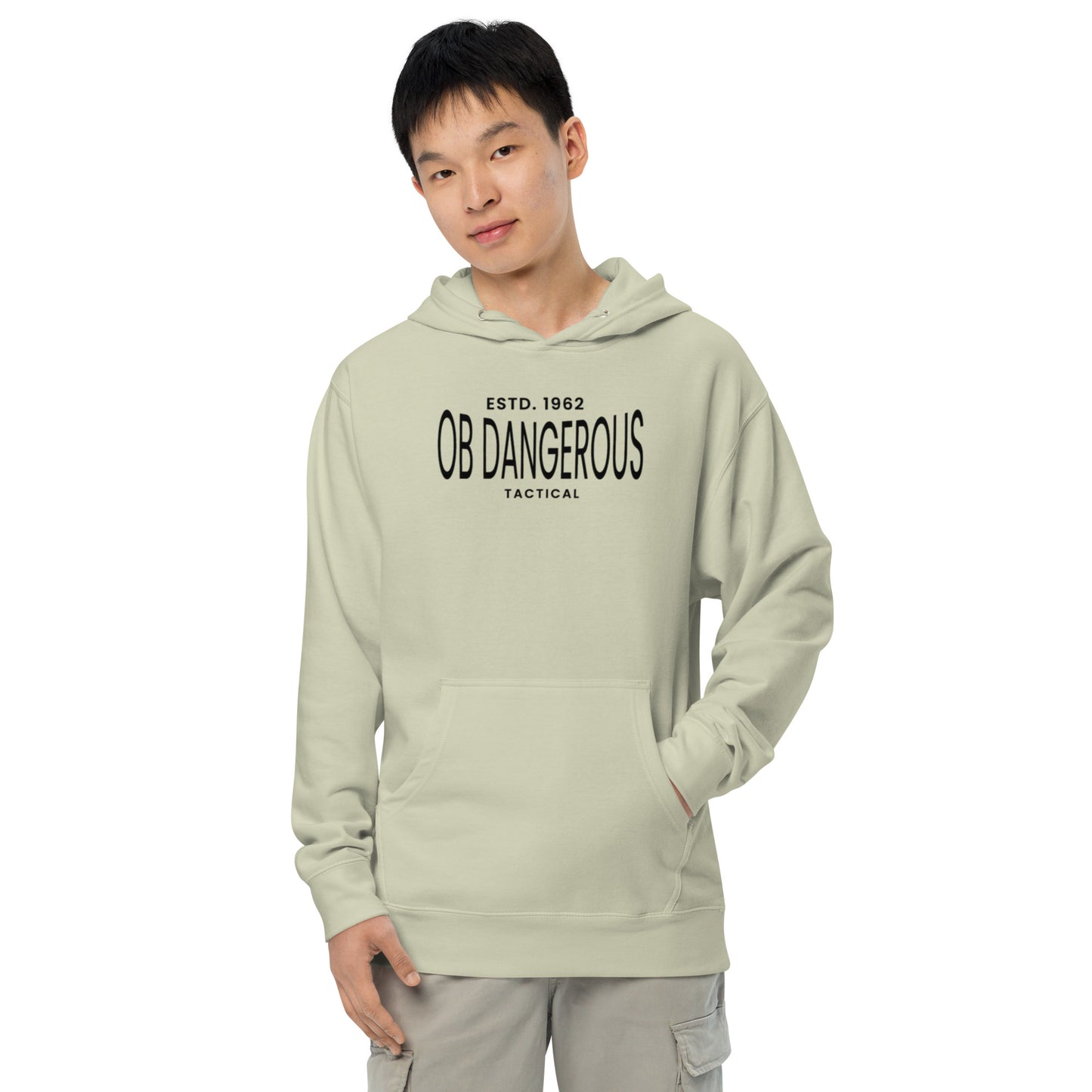 OB Dangerous unisex midweight hoodie in dusty sage, featuring a comfortable fit and casual style for gym and street wear.