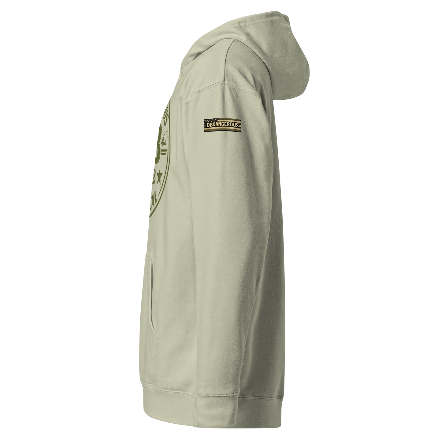 Unisex dusty sage midweight hoodie from OB DANGEROUS, designed for gym, street, and casual wear, shown from the left side.