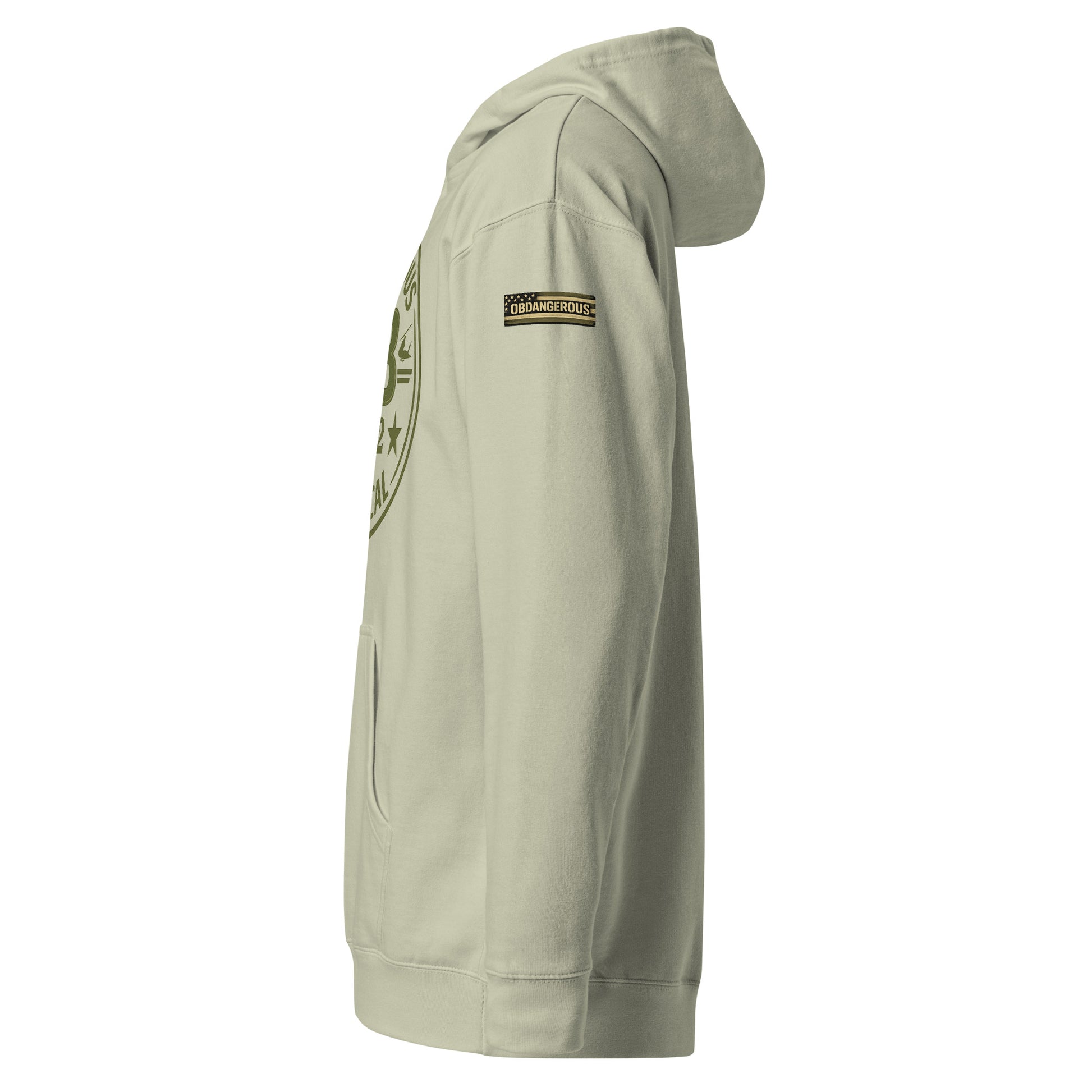 Unisex dusty sage midweight hoodie from OB DANGEROUS, designed for gym, street, and casual wear, shown from the left side.