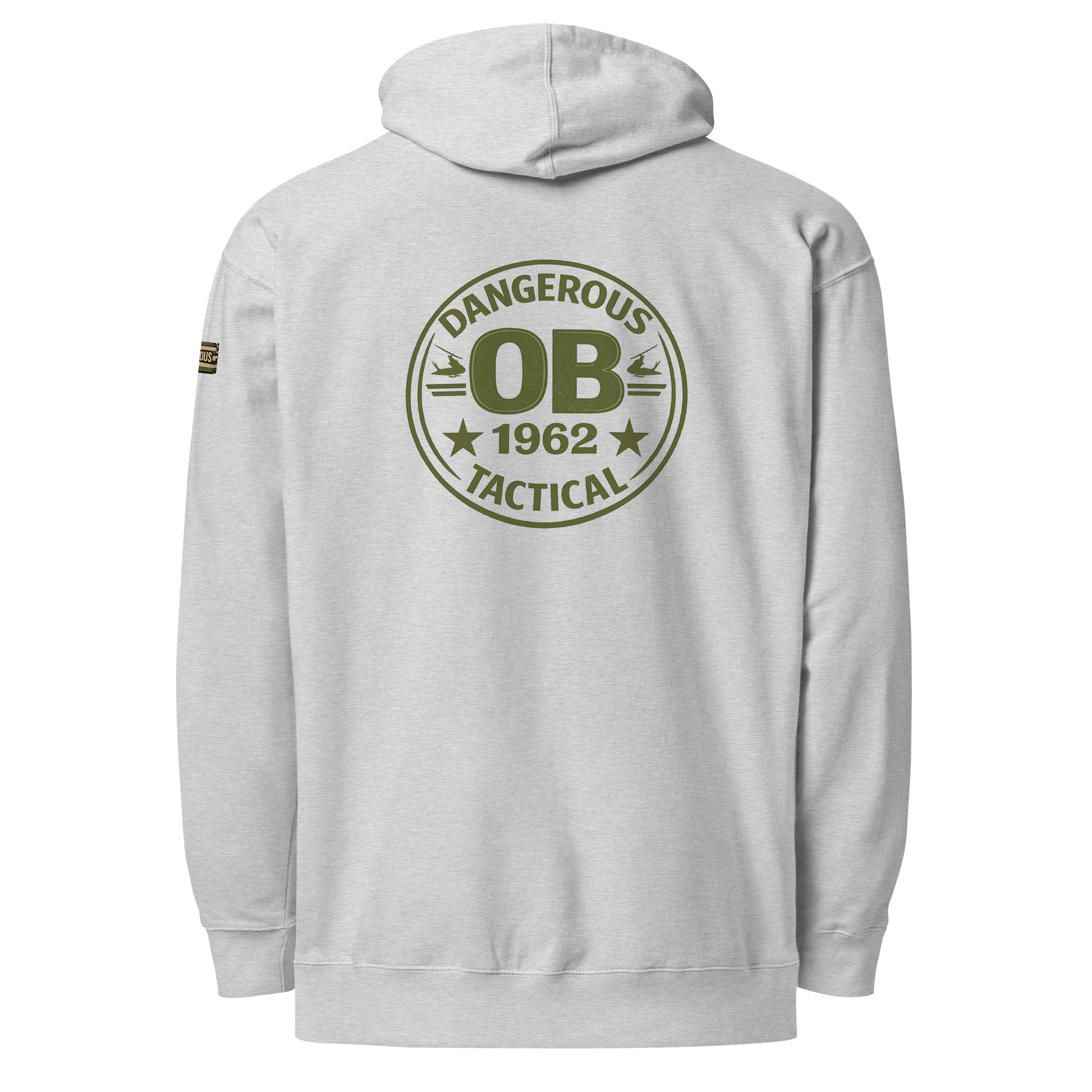 Unisex grey Heather Retro OBDangerous midweight hoodie with back graphic, designed for gym, street, and casual wear.