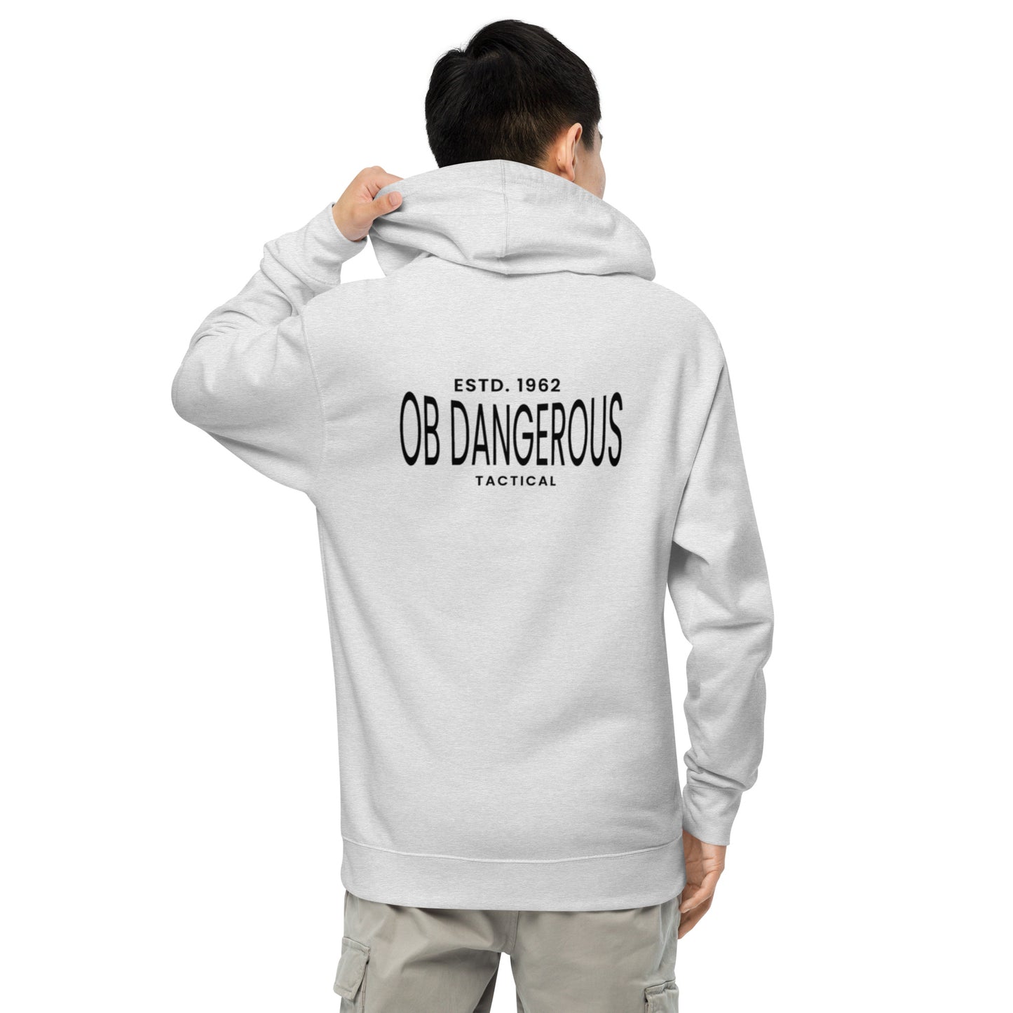 Unisex grey Heather tactical midweight hoodie by OB DANGEROUS, shown from the back with a relaxed fit and casual style.