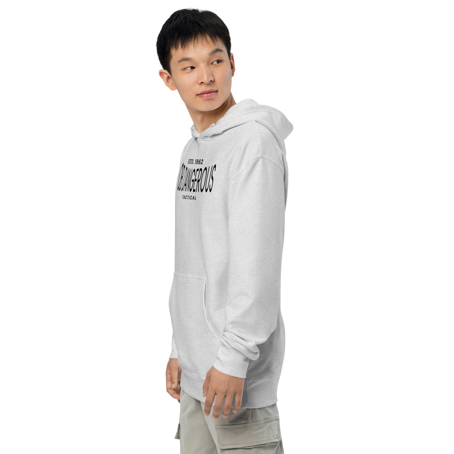 Grey Heather OBDangerous tactical unisex midweight hoodie with logo, casual fit, suitable for gym and street wear.