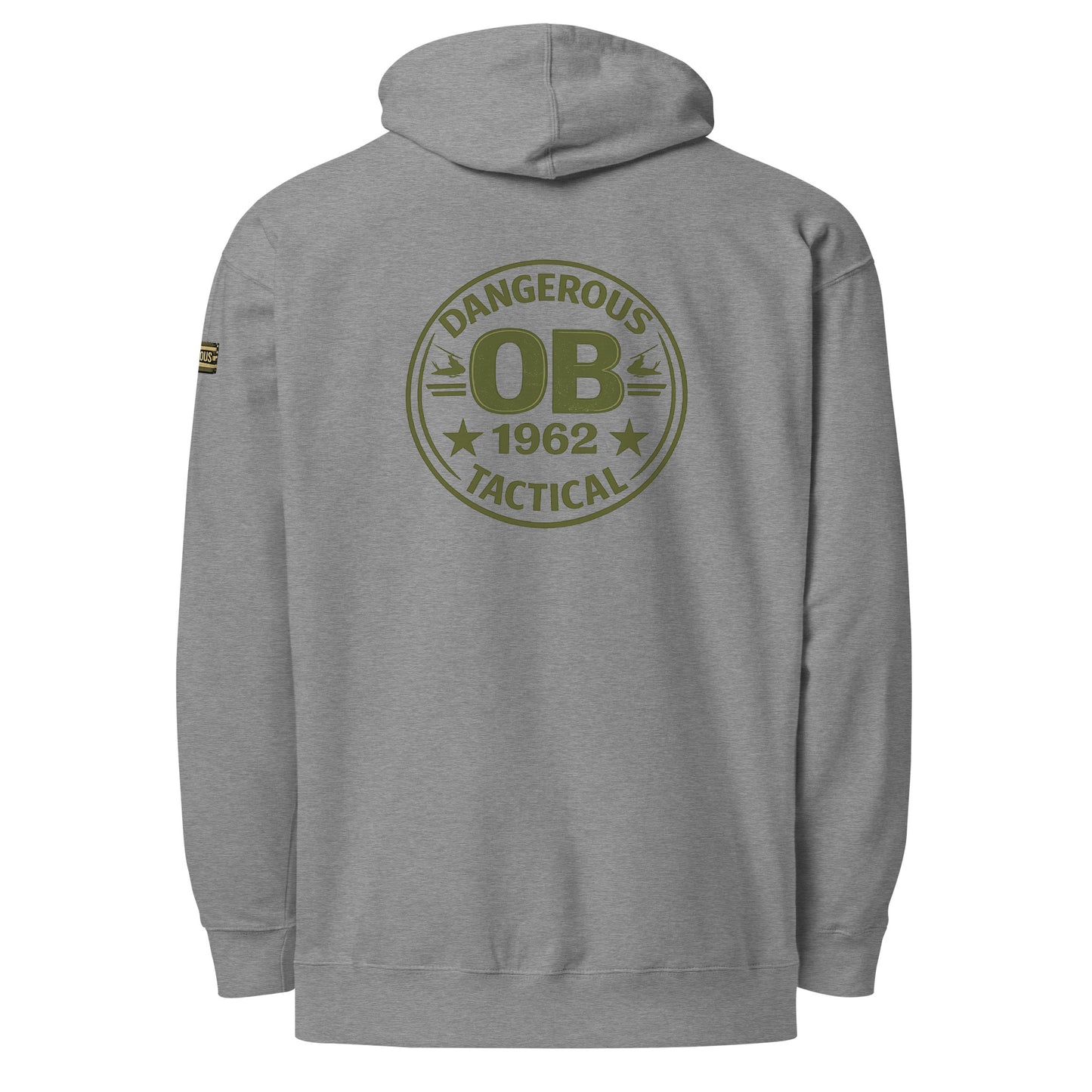 Unisex midweight hoodie in gunmetal heather with OB DANGEROUS logo, designed for gym, street, and casual wear.