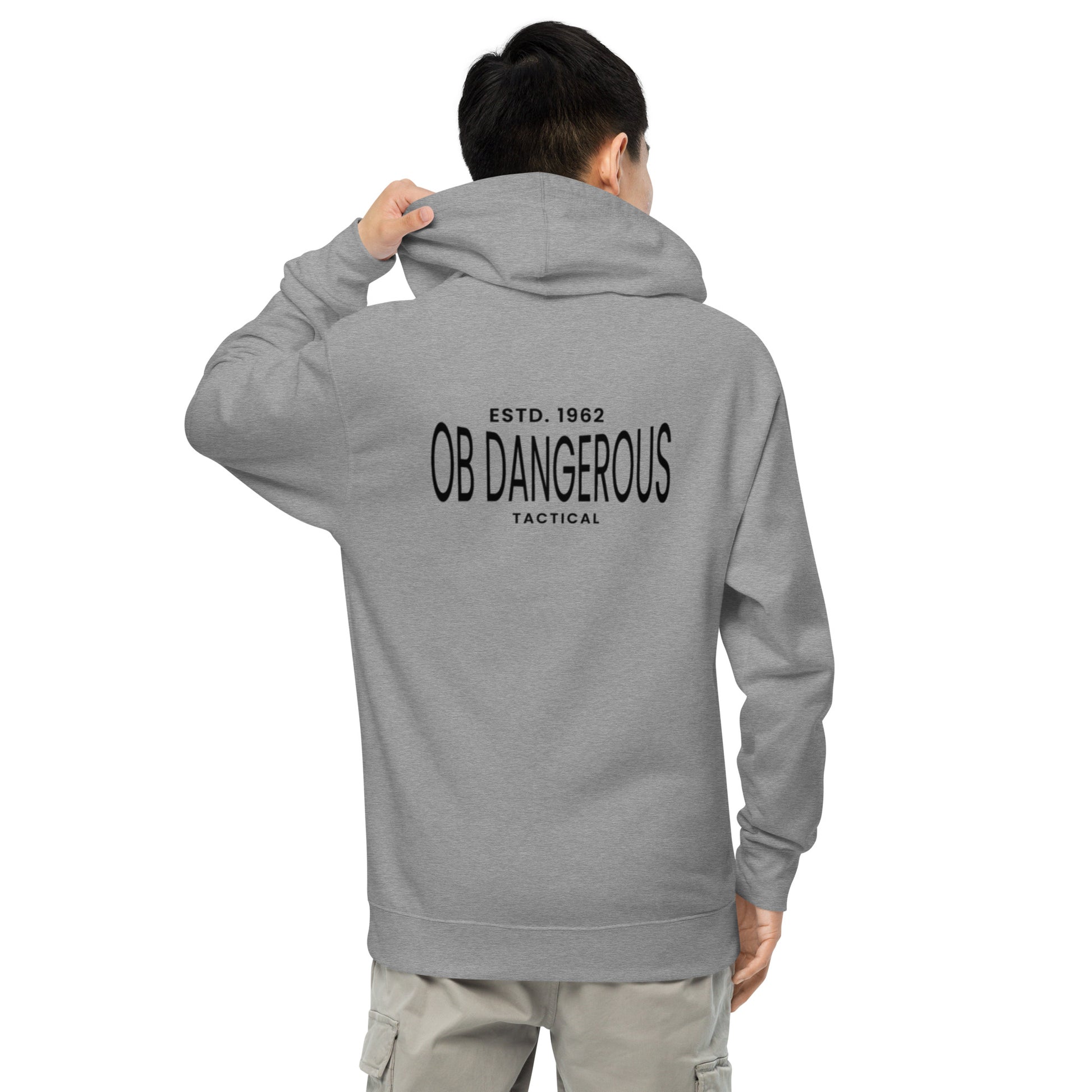 OB DANGEROUS unisex midweight hoodie in gunmetal Heather, featuring a comfortable fit and casual style for gym and street wear.