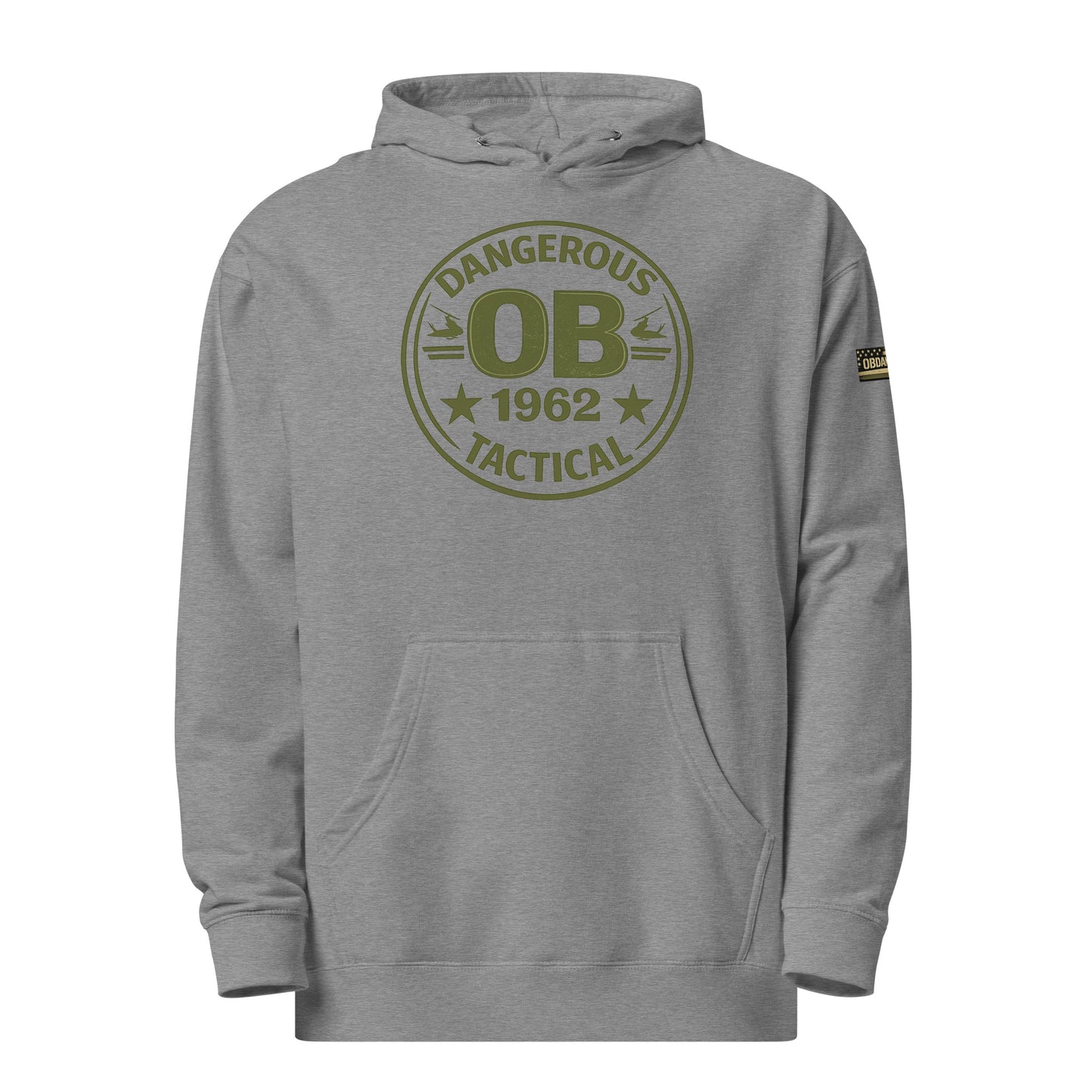 Unisex midweight hoodie in gunmetal heather with OB DANGEROUS logo, designed for gym, street, and casual wear.