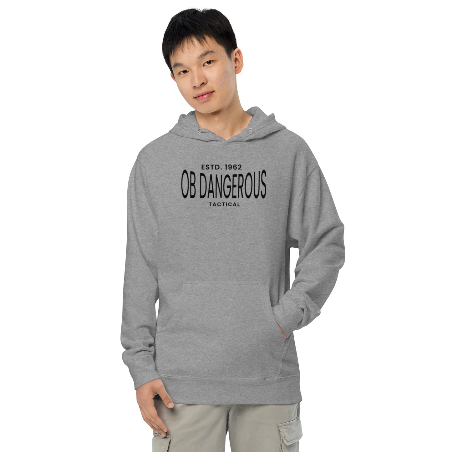 OB DANGEROUS unisex midweight hoodie in gunmetal heather, featuring a casual fit and comfortable fabric for gym and street wear.