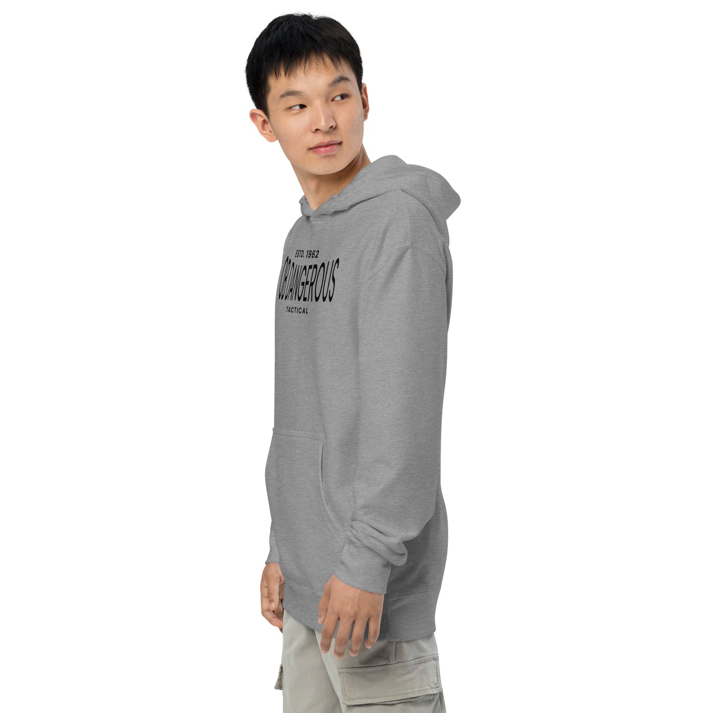 OB DANGEROUS unisex midweight hoodie in gunmetal heather, stylish and comfortable for gym, street, and casual wear