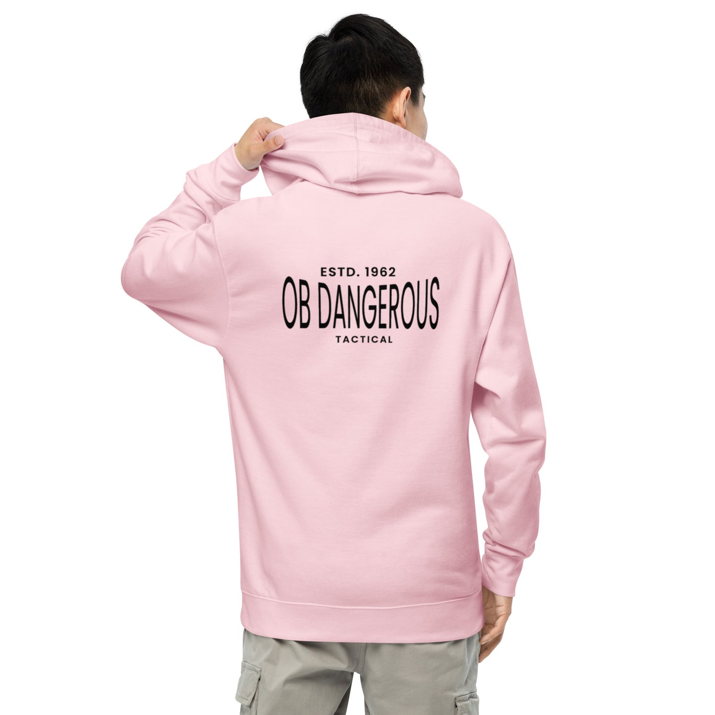 Light pink unisex midweight hoodie by OB DANGEROUS, featuring a relaxed fit, suitable for gym, street, and casual wear.
