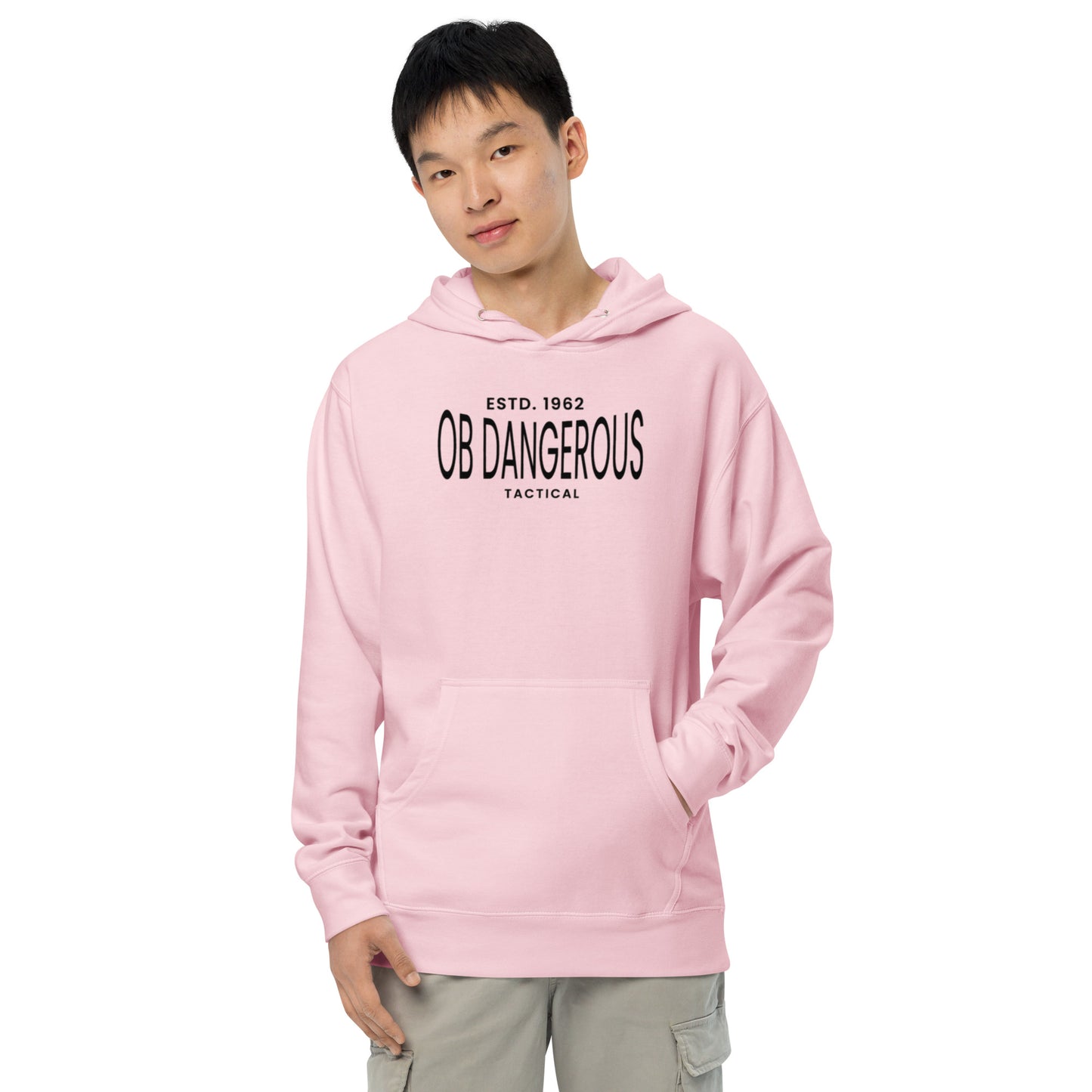 Light pink unisex midweight hoodie by OB DANGEROUS, featuring a casual fit with front design, ideal for gym and street wear.