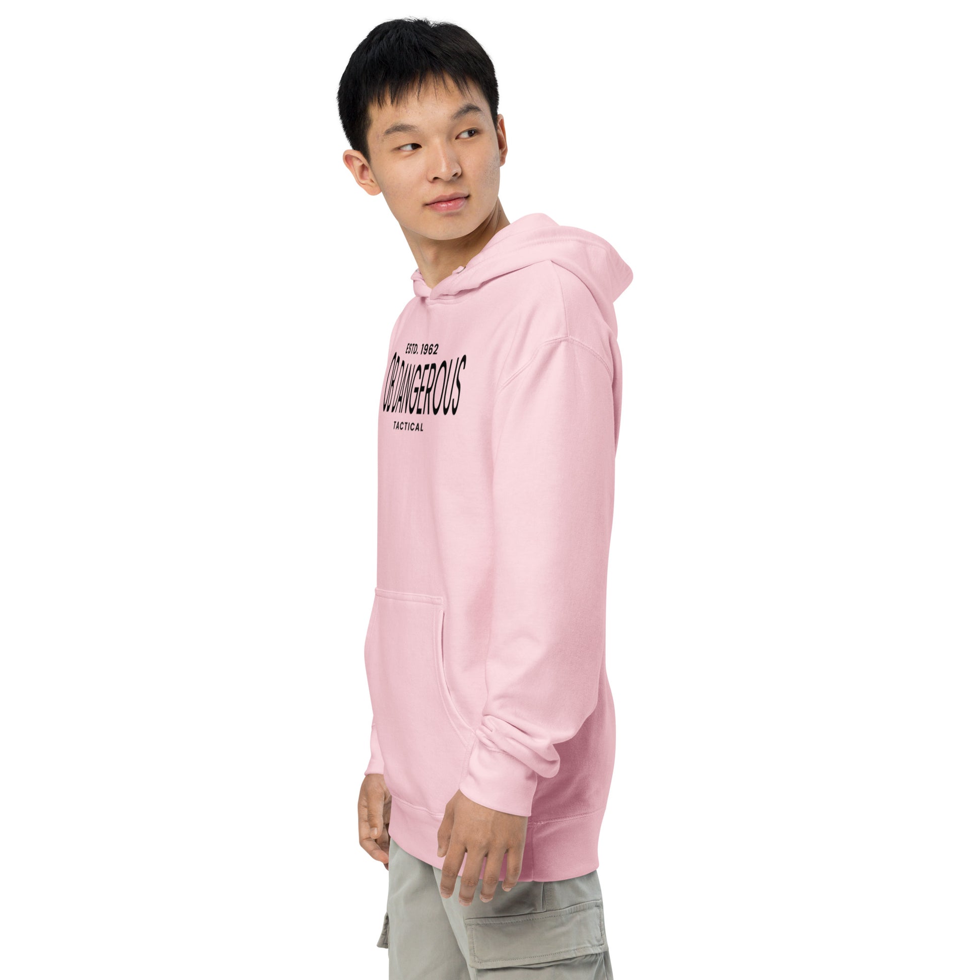 Light pink OBDangerous unisex tactical midweight hoodie, casual streetwear style, shown from the left side.