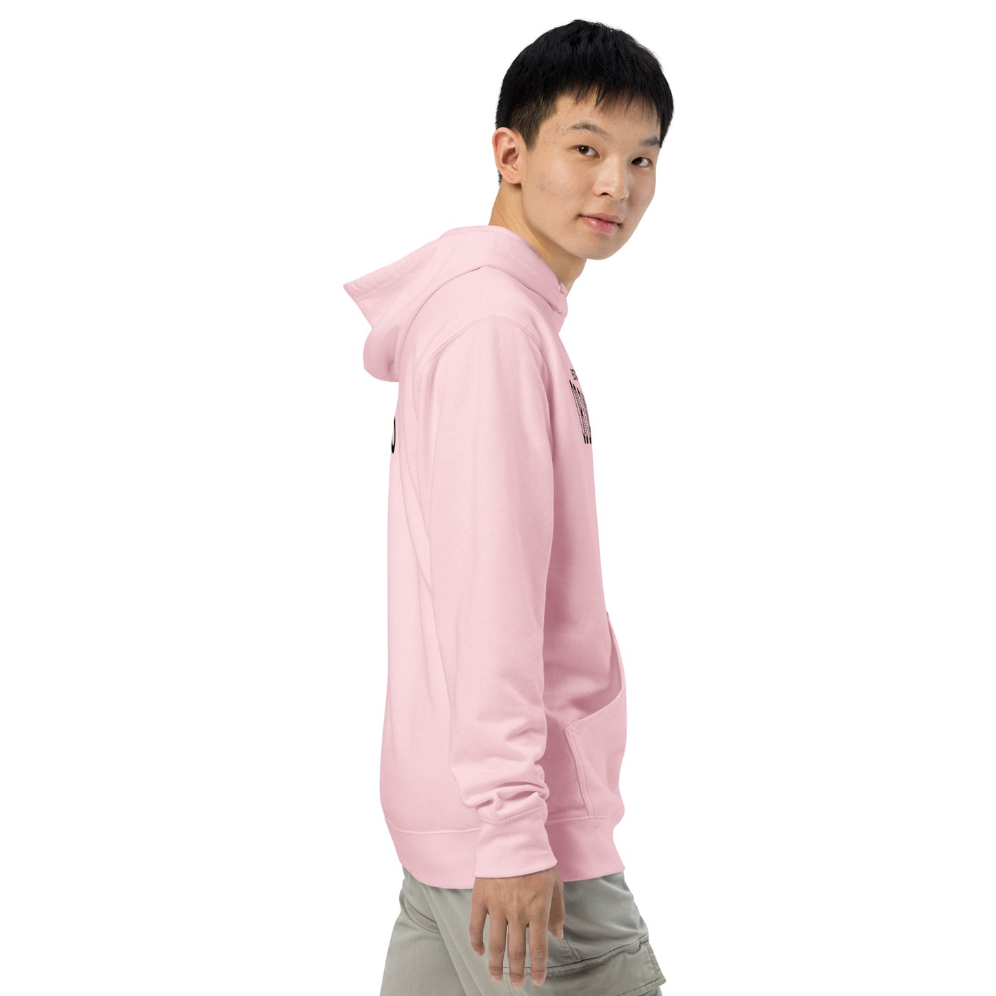 Light pink unisex midweight hoodie from OB DANGEROUS, designed for gym, street, and casual wear, shown from the right side.