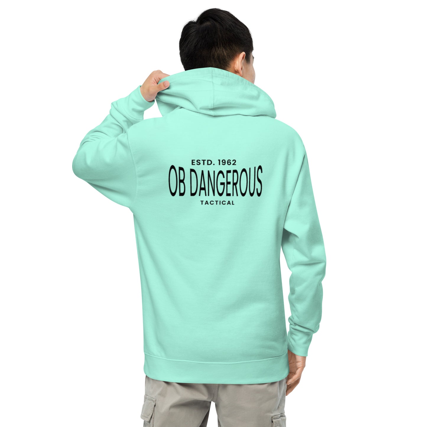 Mint green OBDangerous tactical unisex midweight hoodie shown from the back, designed for gym, street, and casual wear.