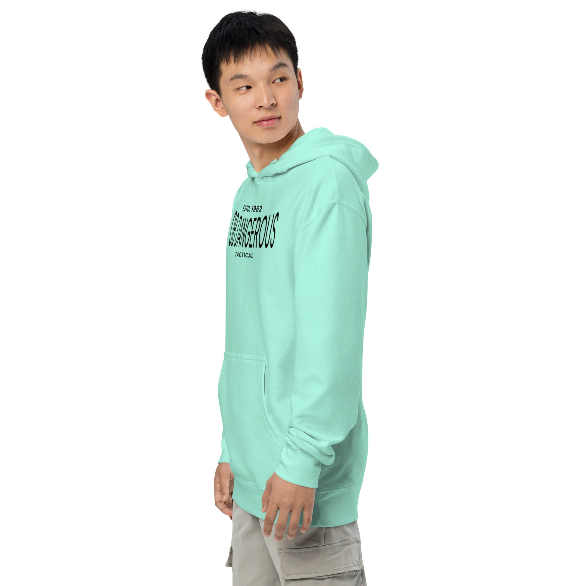 Unisex mint green OBDangerous tactical midweight hoodie, designed for gym and street, displayed with front view and relaxed fit.