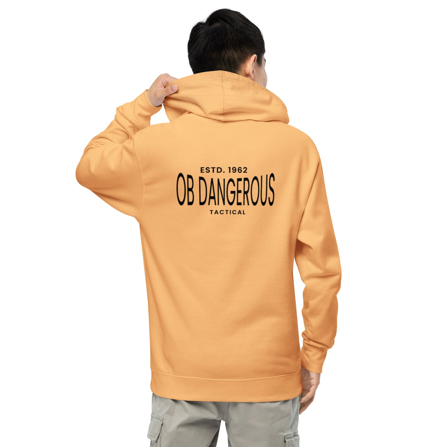 Unisex peach midweight hoodie by OB DANGEROUS with bold back graphic, suitable for gym, street, and casual wear.