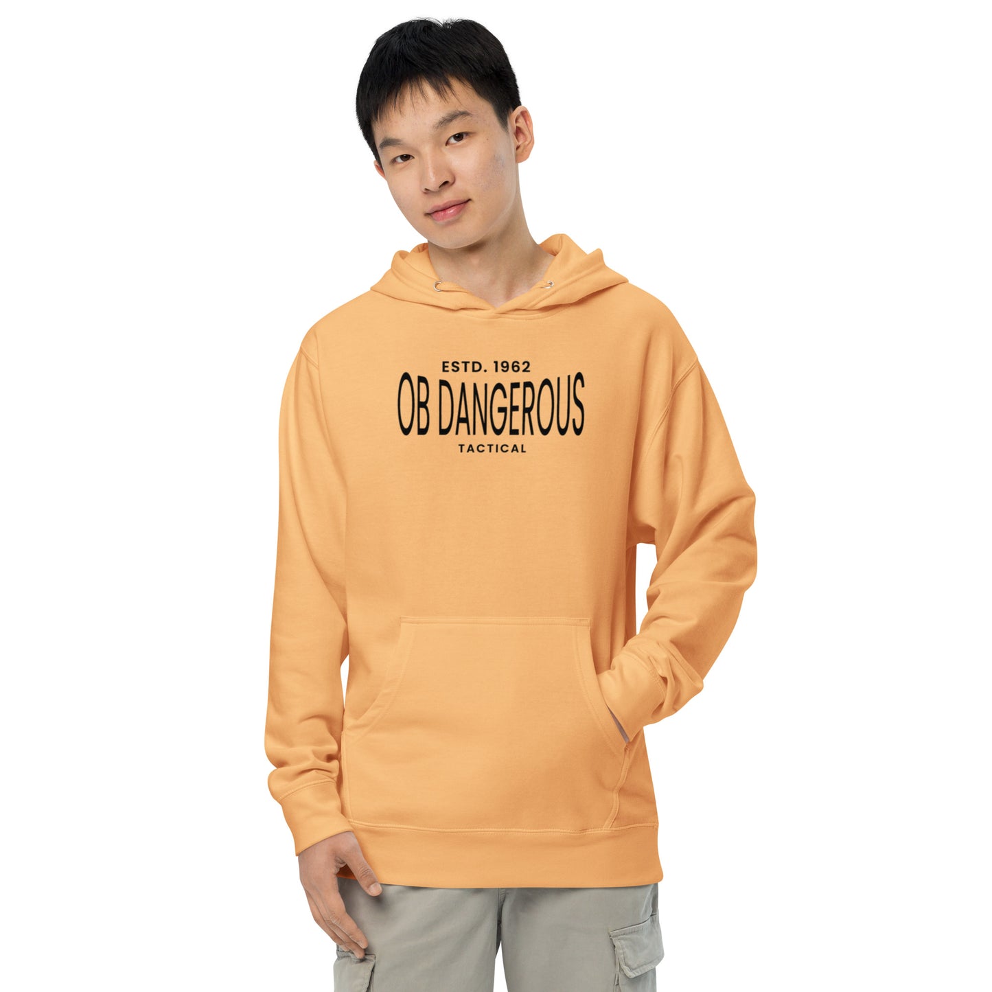 Unisex peach midweight tactical hoodie by OB DANGEROUS, featuring a front view with a casual, sporty design for gym and street wear.