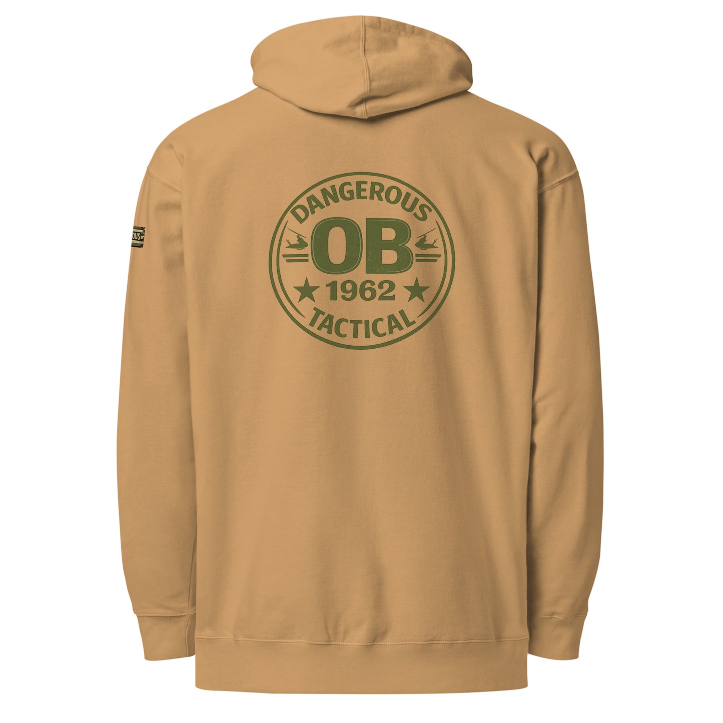 Unisex midweight hoodie in sandstone color by OB DANGEROUS, featuring a casual fit and back design, ideal for gym and streetwear.