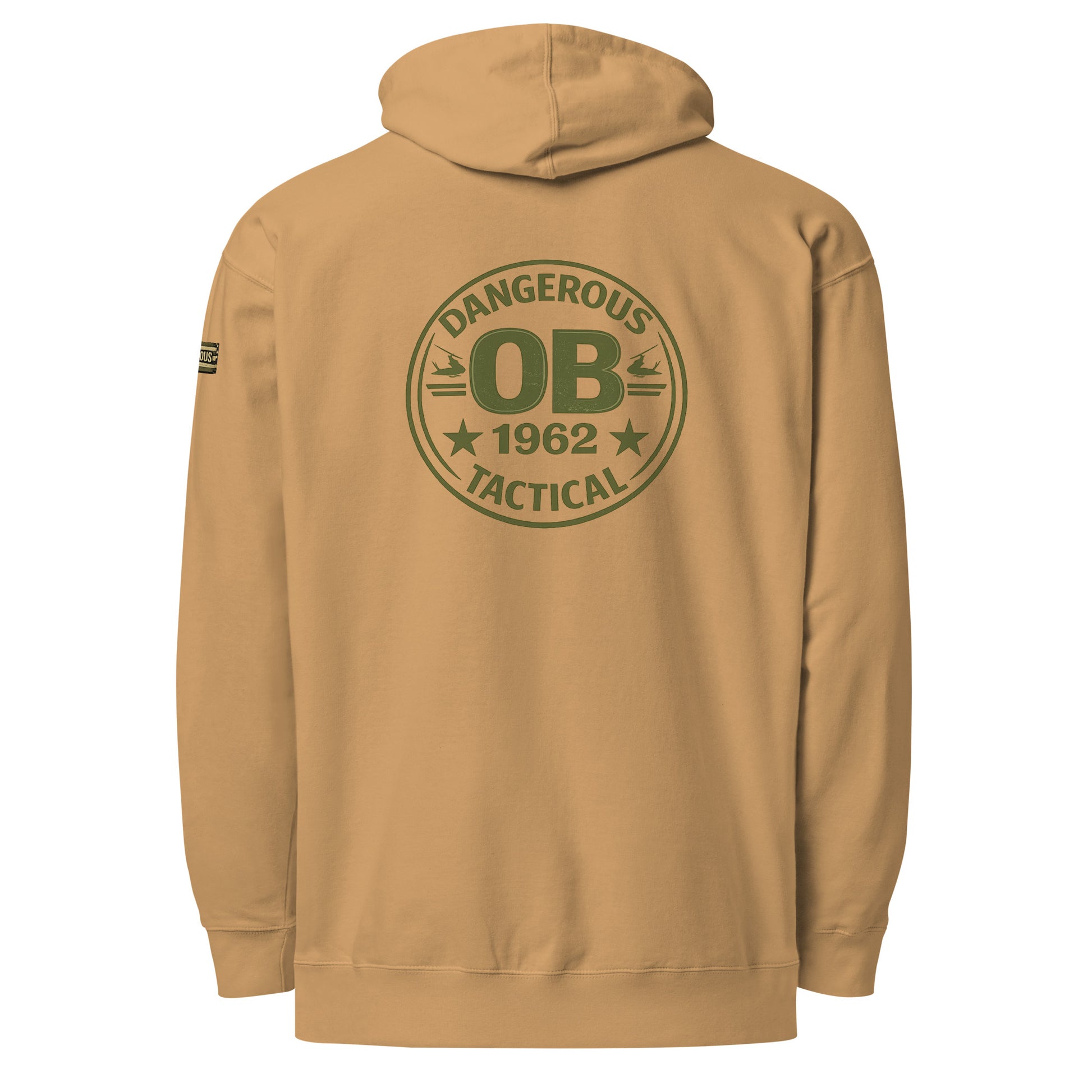 Unisex midweight hoodie in sandstone color by OB DANGEROUS, featuring a casual fit and back design, ideal for gym and streetwear.