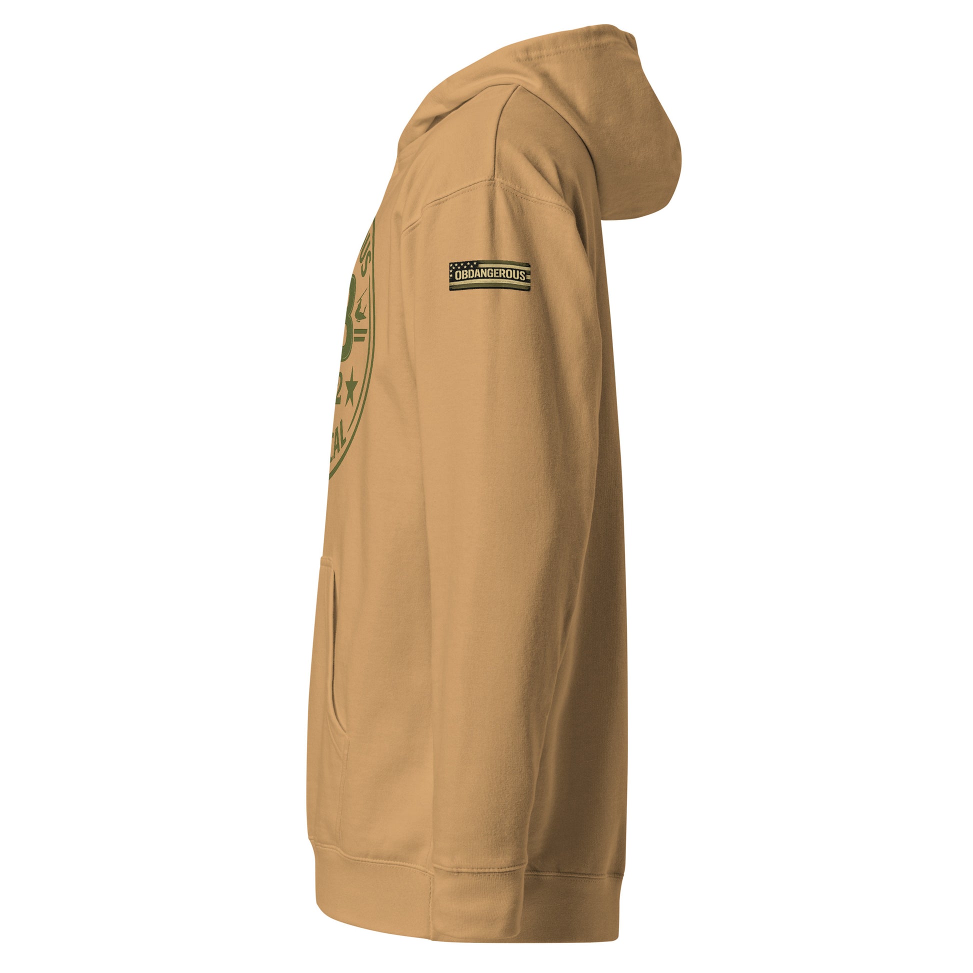 Retro OB DANGEROUS unisex midweight hoodie in sandstone color, featuring the brand logo on the front, suitable for gym and street wear.