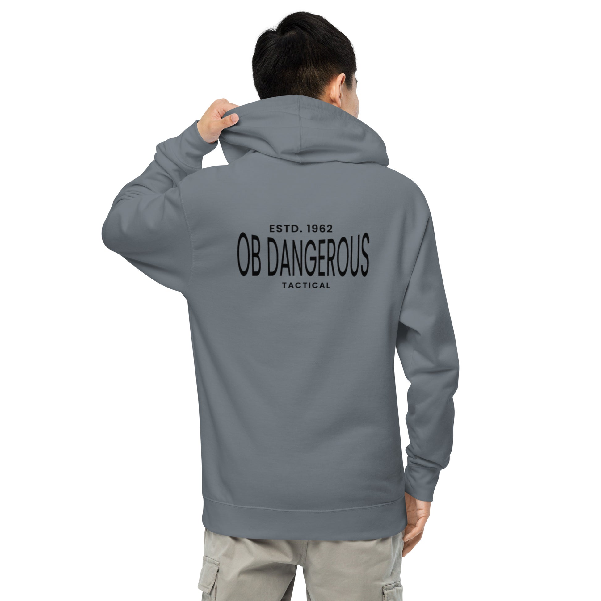OB DANGEROUS unisex midweight hoodie in storm blue, featuring a casual fit and comfortable fabric for gym and street wear.