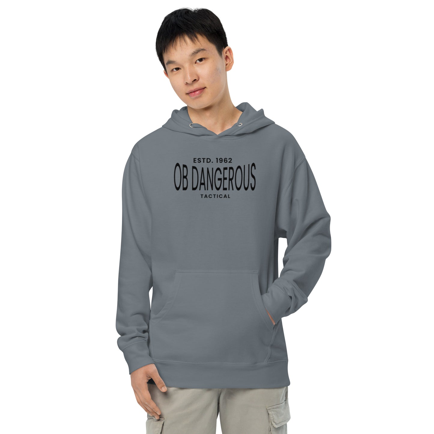 Unisex storm blue midweight hoodie by OB DANGEROUS, designed for gym and street, front view with logo details visible.