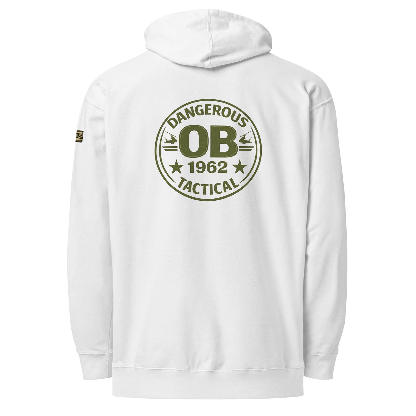 White unisex midweight hoodie by OB DANGEROUS featuring bold graphic design, perfect for gym, street, and casual wear.