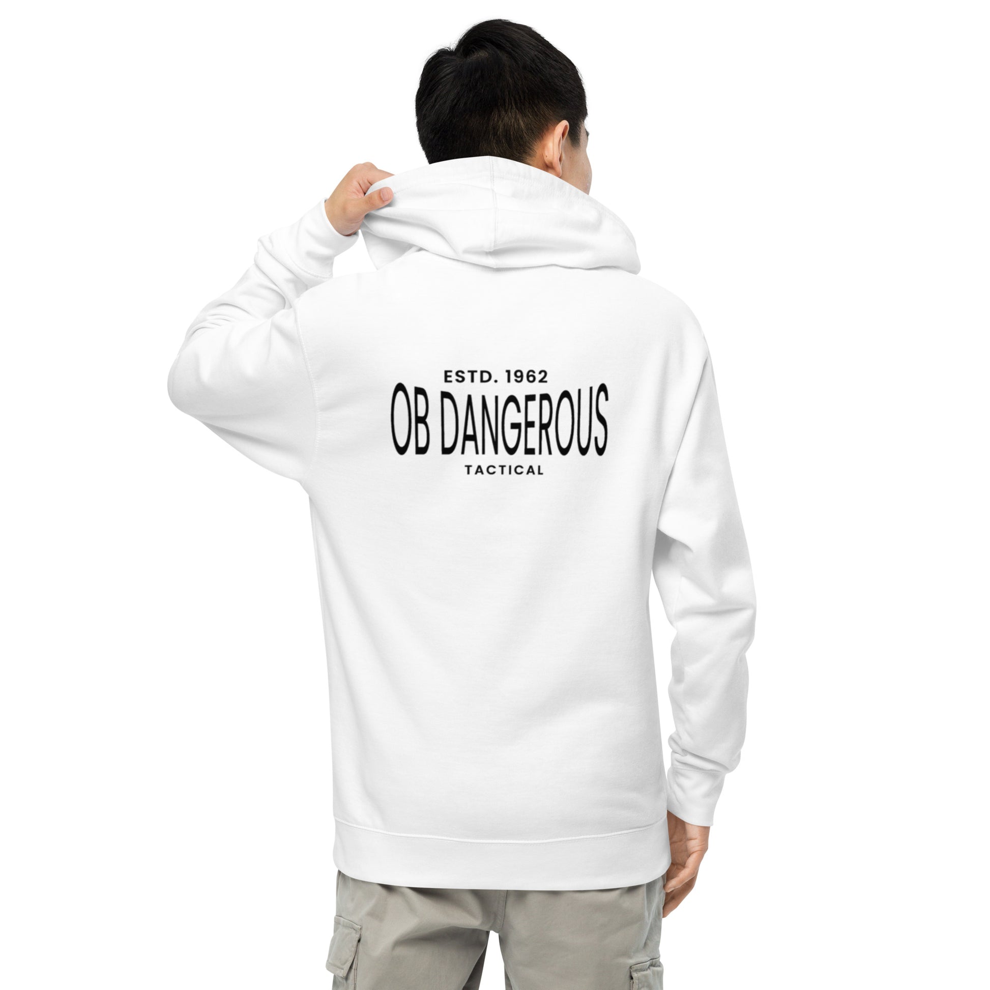 White unisex midweight hoodie by OB DANGEROUS, featuring a casual fit and back design, perfect for gym and streetwear.