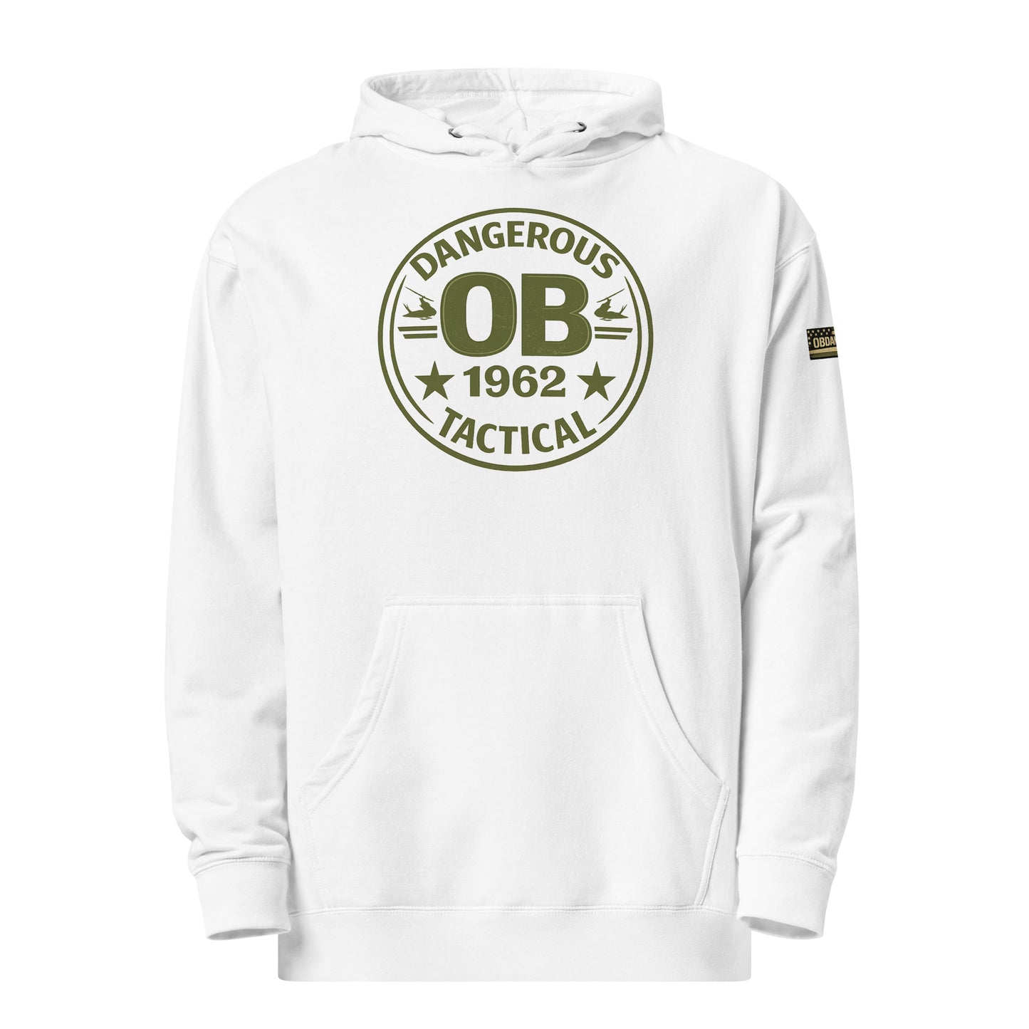 White unisex midweight hoodie by OB DANGEROUS featuring bold front logo, casual streetwear style, perfect for gym and everyday wear.