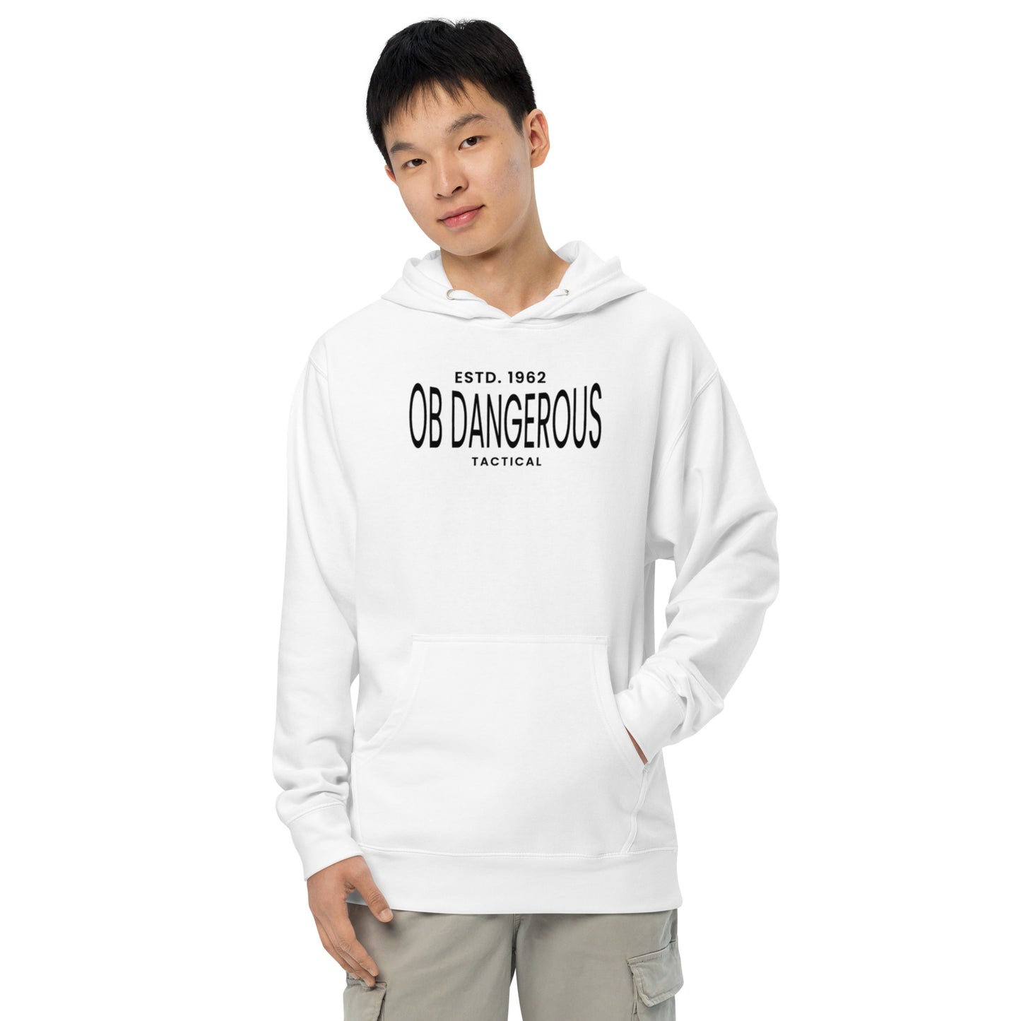 White unisex midweight hoodie from OB DANGEROUS, featuring a casual tactical design suitable for gym and street wear.