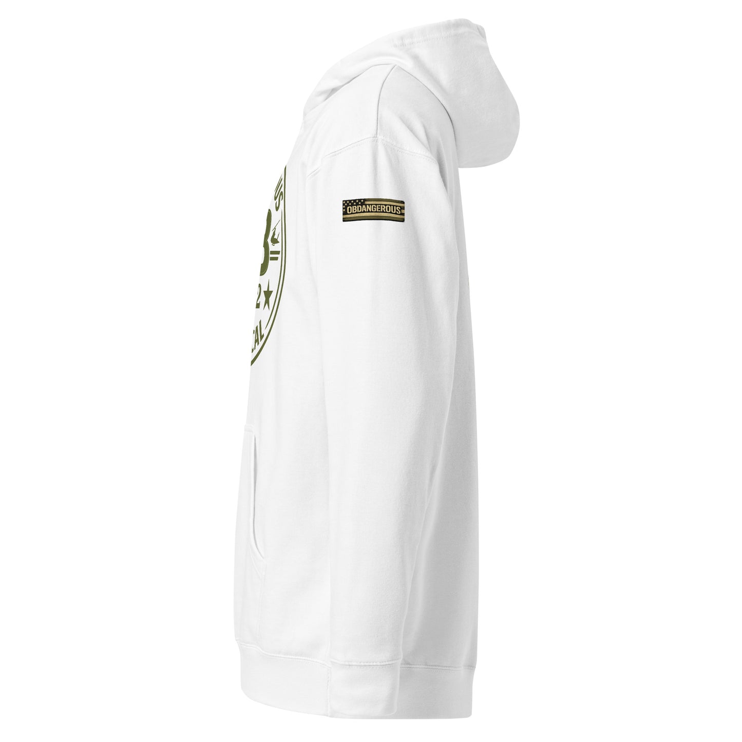 White unisex midweight hoodie by OB DANGEROUS featuring bold street-style design, suitable for gym and casual wear.