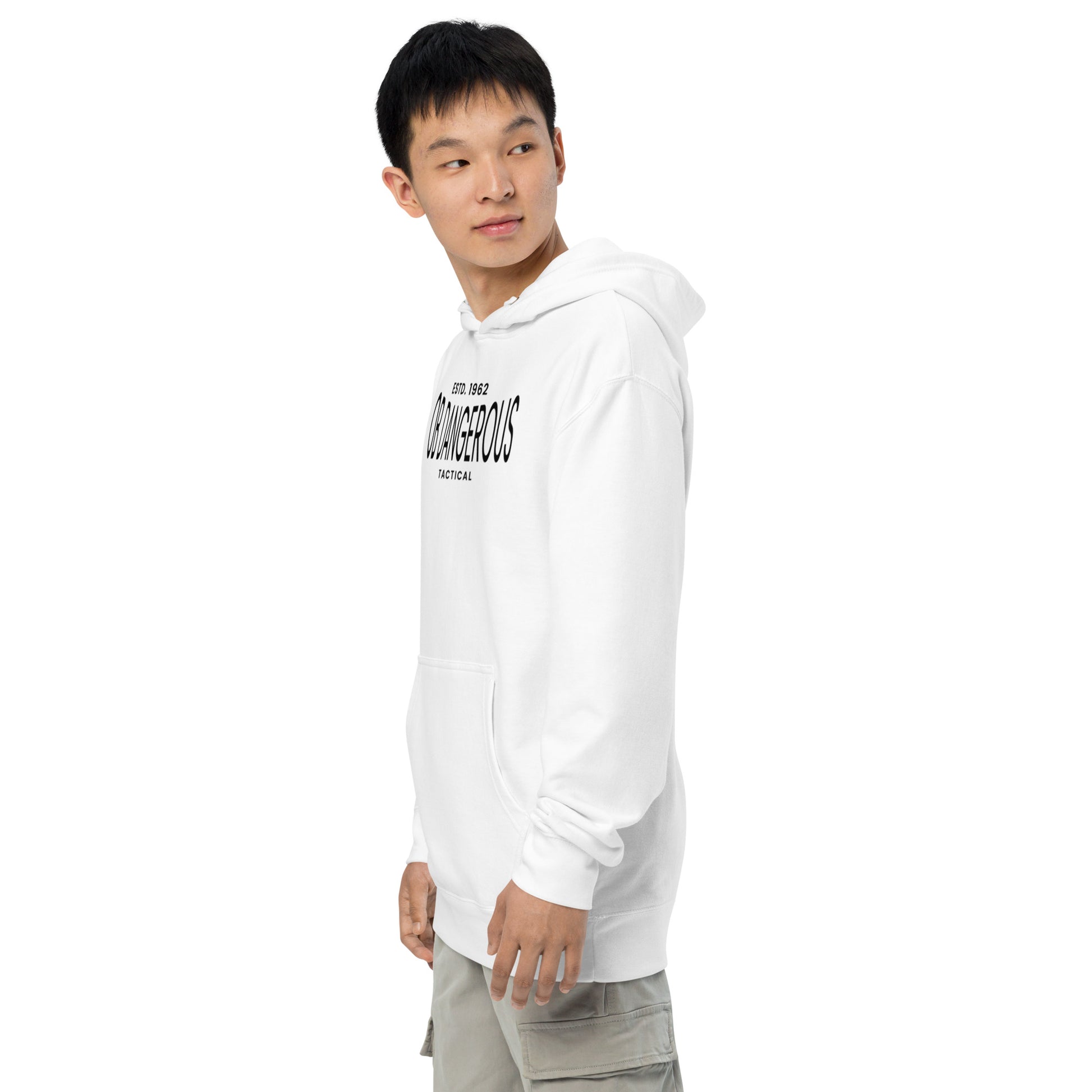 White unisex midweight hoodie by OB DANGEROUS, designed for gym and street, featuring a casual fit and comfortable fabric.