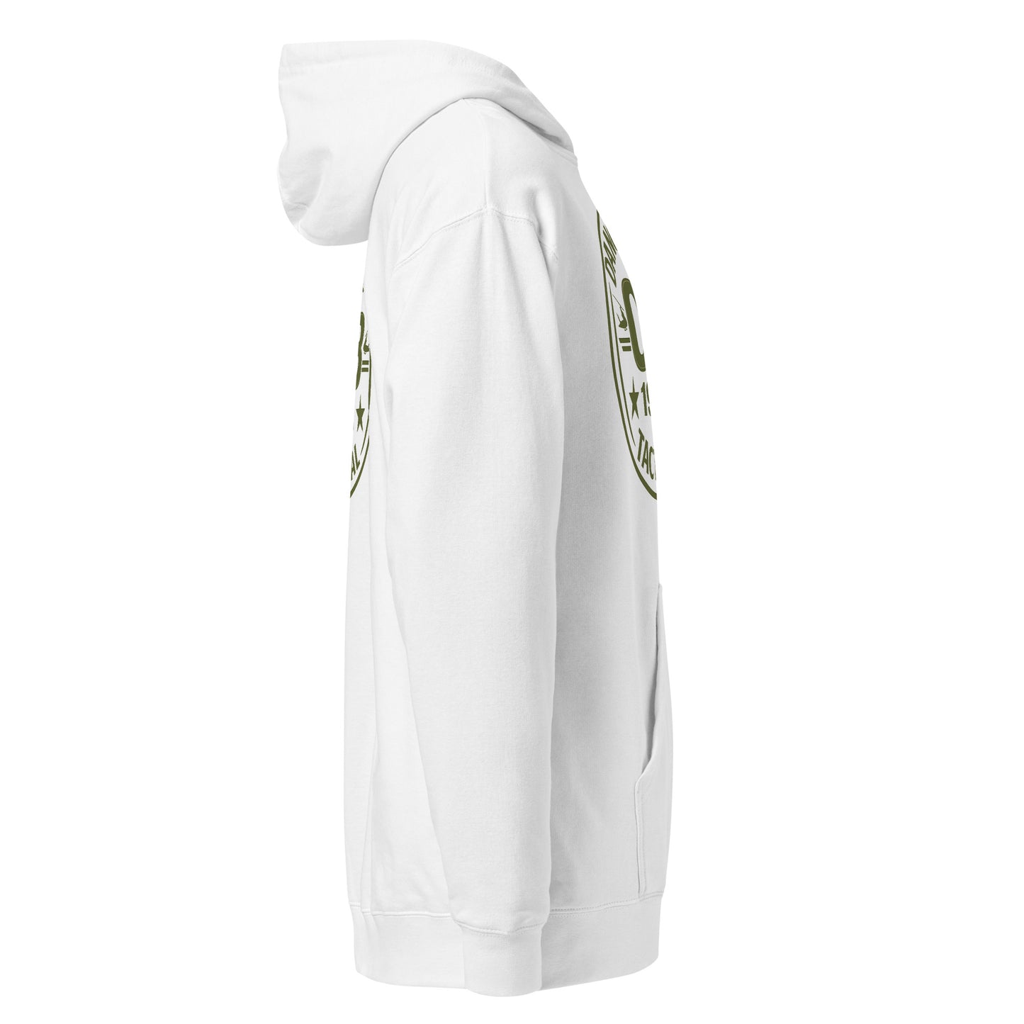 White unisex midweight hoodie by OB DANGEROUS, designed for gym, street, and casual wear, shown from the right side.