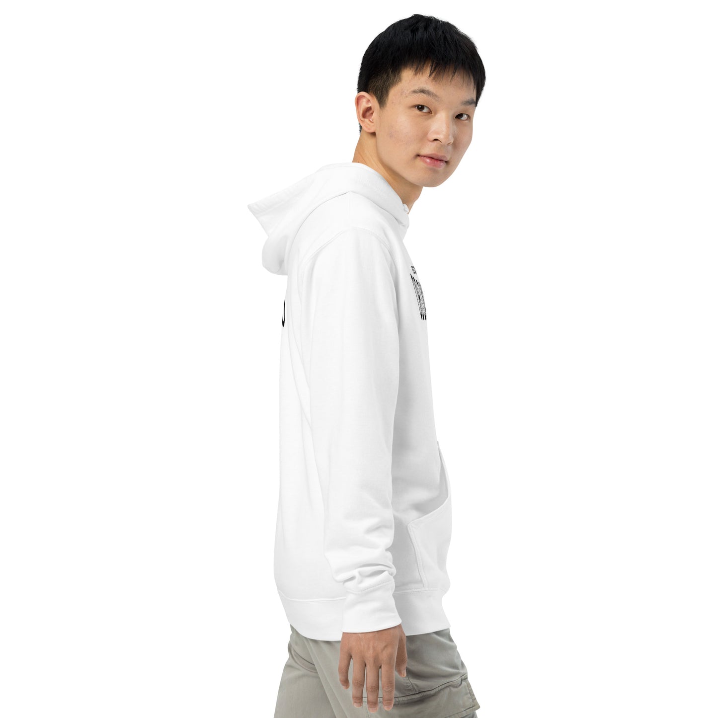 White unisex midweight hoodie from OB DANGEROUS, designed for gym, street, and casual wear, shown from the right side.