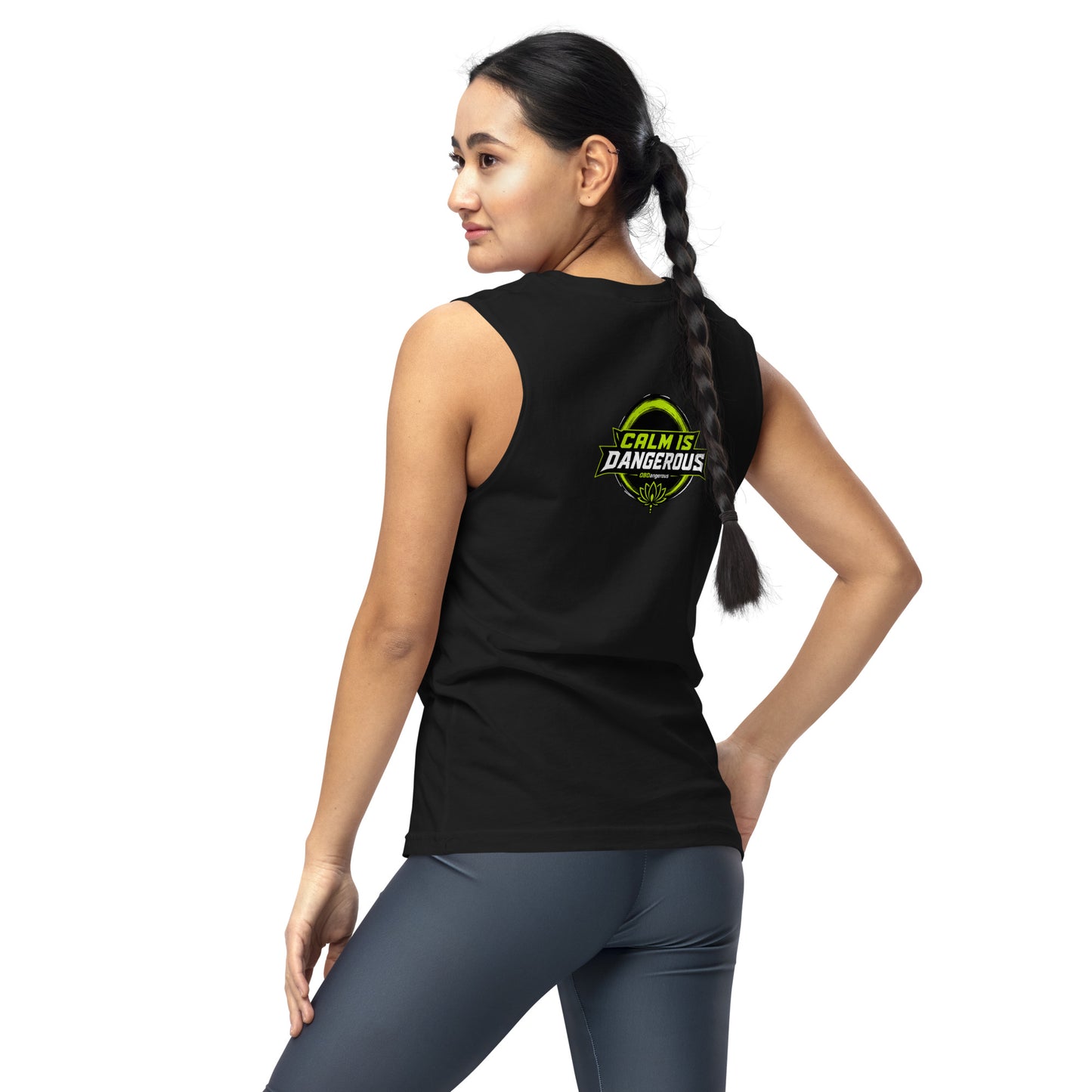 Black unisex muscle T-shirt from OB DANGEROUS's OBD Tao Calm line, featuring a comfortable fit for gym and street wear.