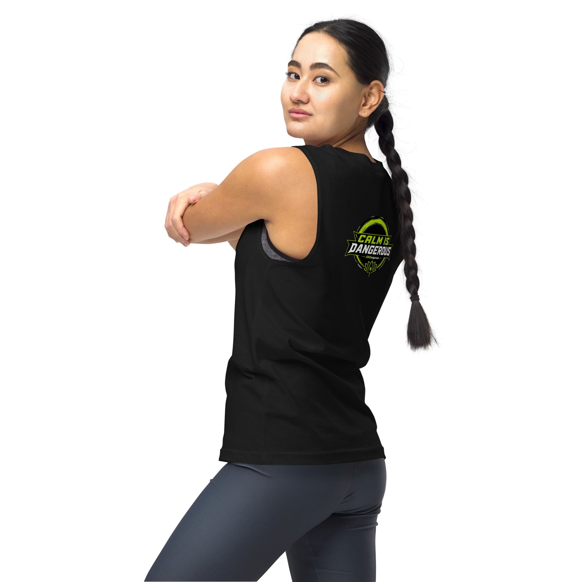 Black unisex muscle T-shirt by OB DANGEROUS with a back-left design, ideal for gym and streetwear styles.