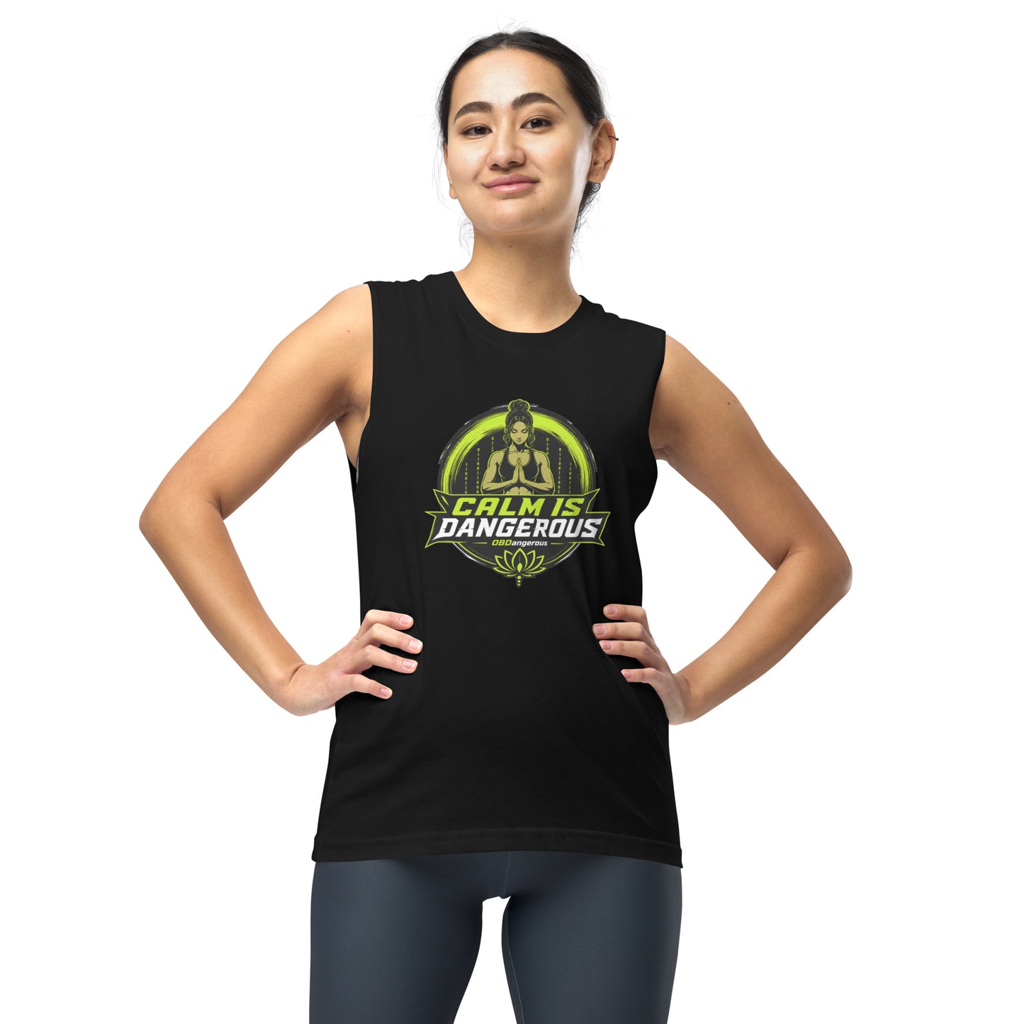 Black OBD Tao Calm Muscle T-shirt for men and women, featuring a comfortable fit and stylish design for gym and street wear.