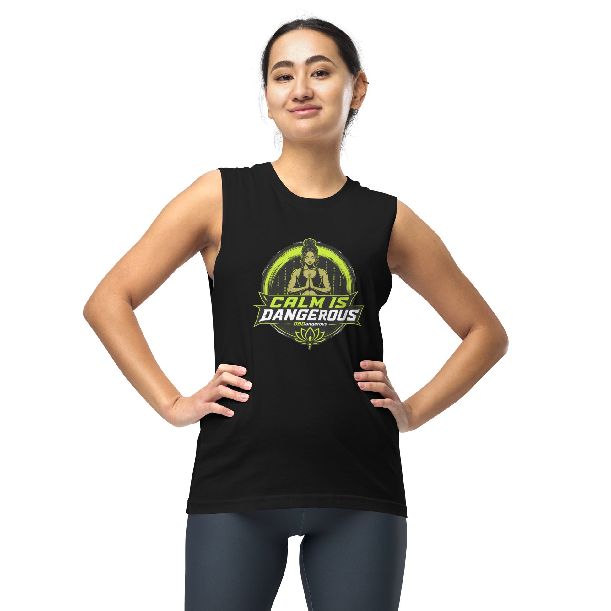 Black OBD Tao Calm Muscle T-shirt for men and women, featuring a comfortable fit and stylish design for gym and street wear.