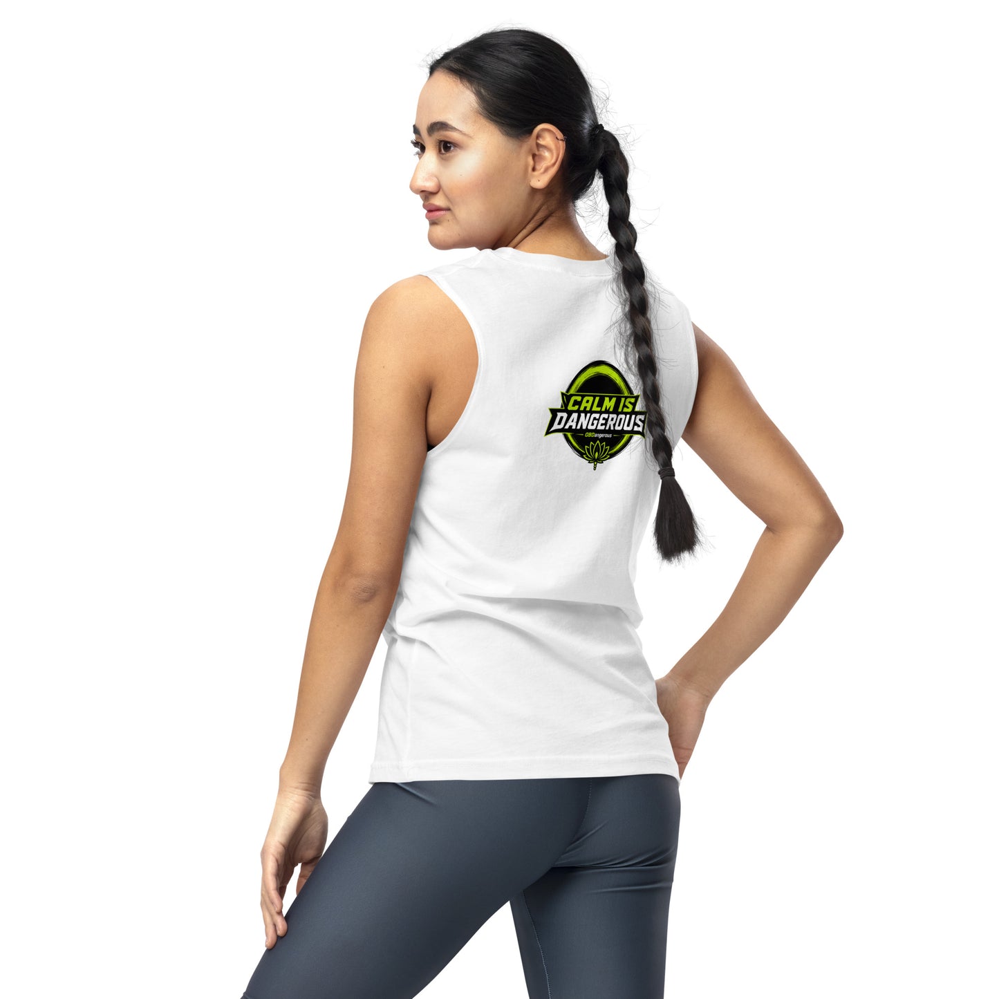 White unisex OBD Tao Calm Muscle T-shirt by OB DANGEROUS, shown from the back, designed for gym and street wear.