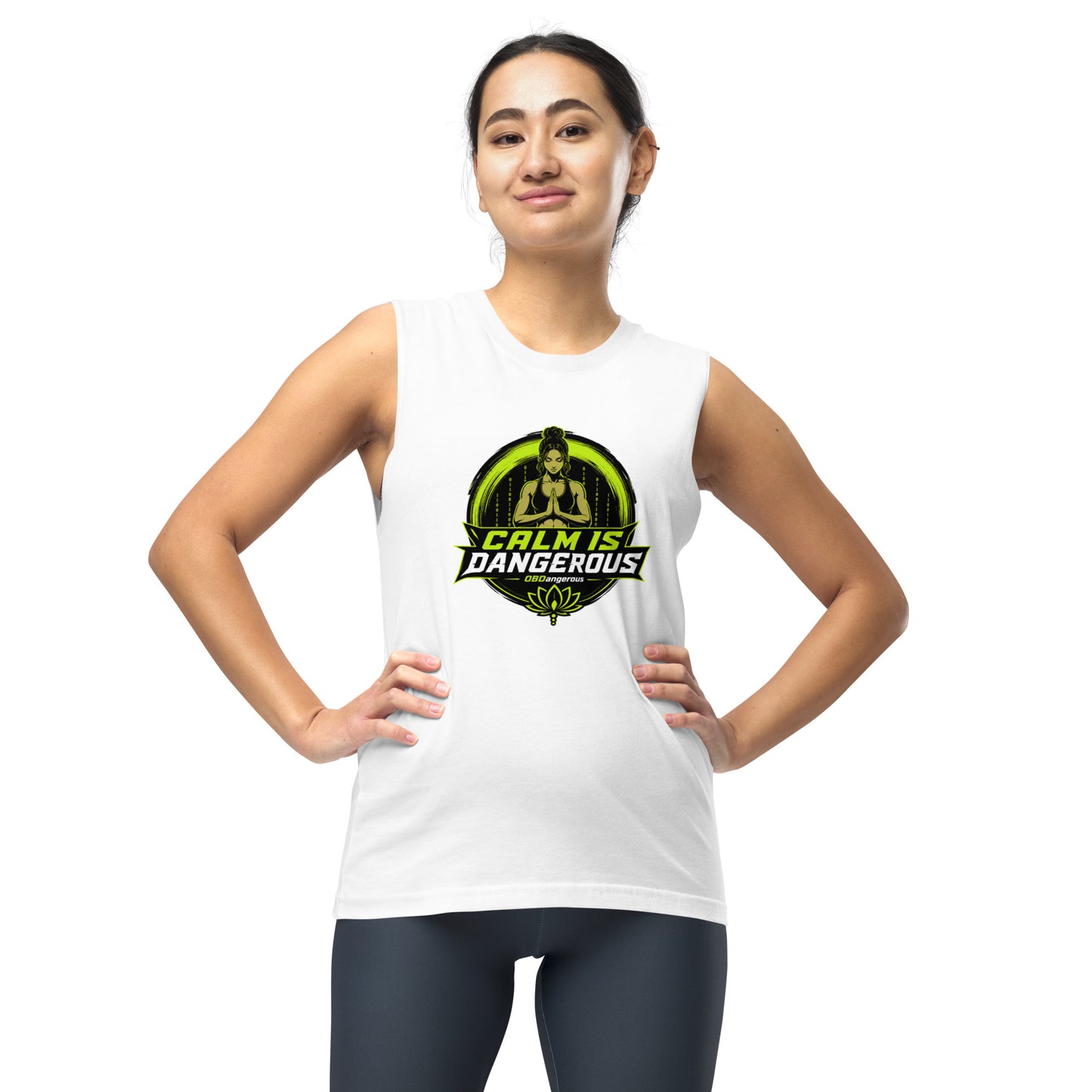 White unisex muscle T-shirt by OB DANGEROUS, featuring a comfortable fit and stylish design for gym and street wear.